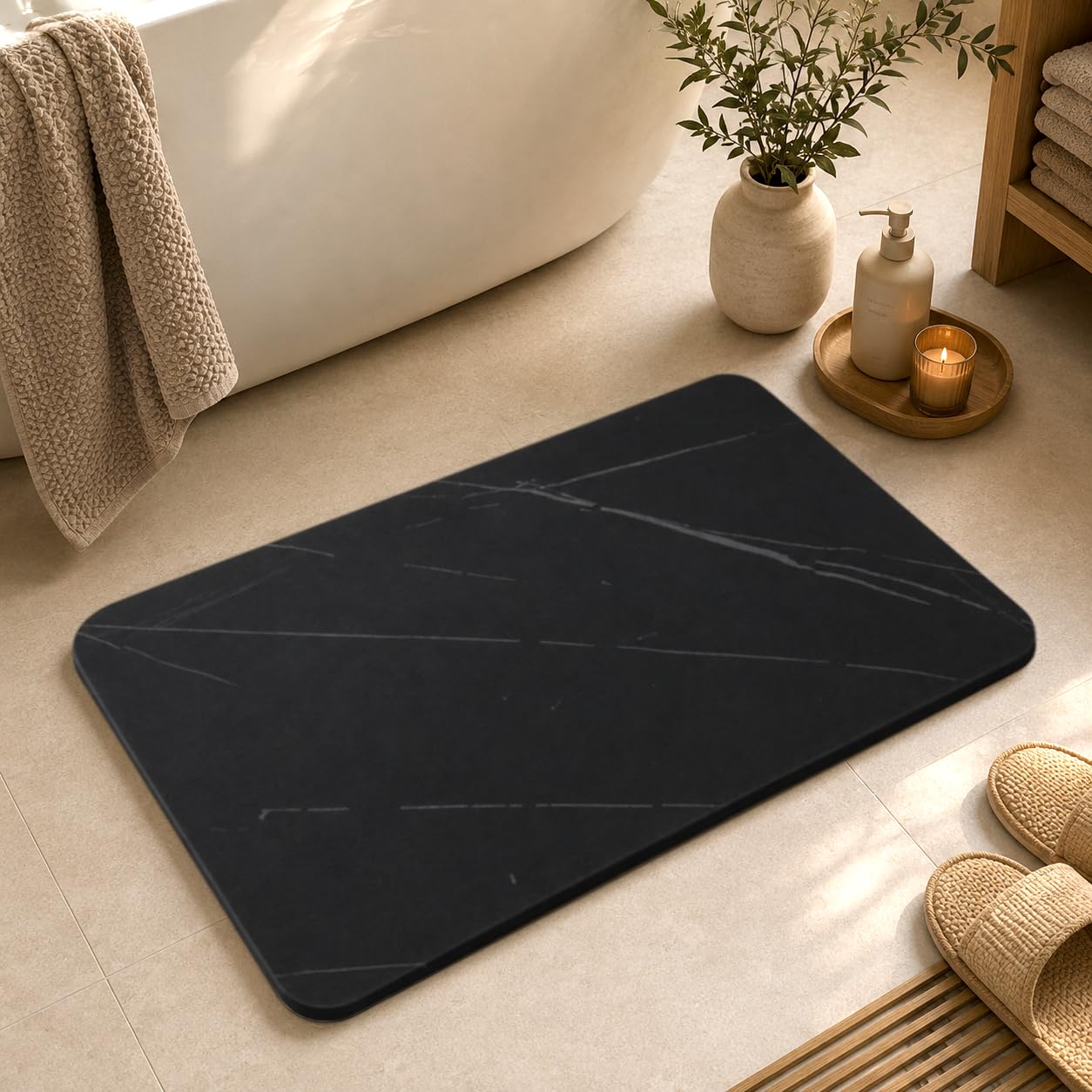 Maxura Alfombra Diatomita Baño 60x40 cm – Alfombrilla de Piedra Diatomita Super Absorbente para Ducha, Baño y Cocina, Secado Rápido, Antideslizante y Antibacteriana - Stone Bath Mat (Negro)