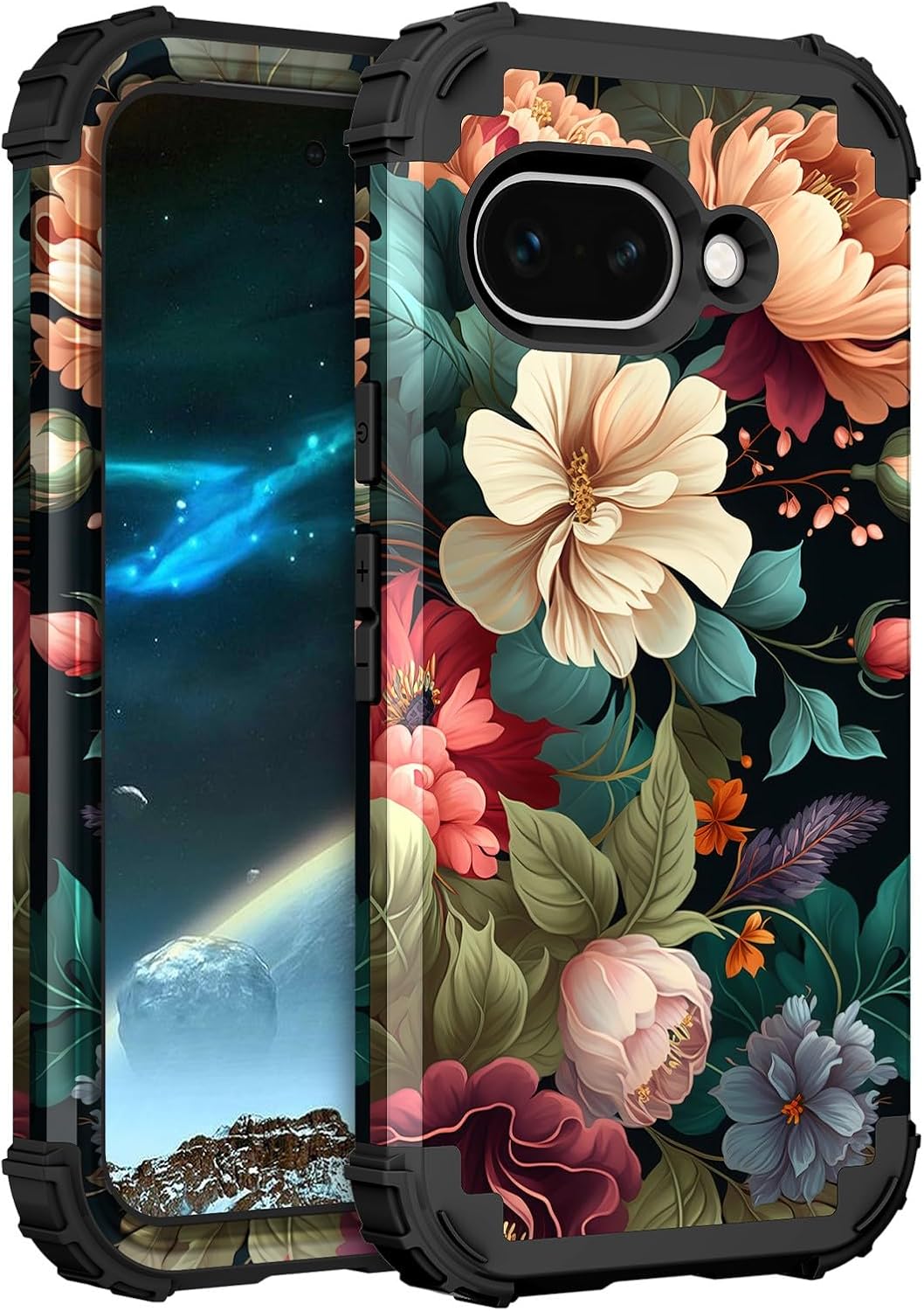 PIXIU Unique Flower Pattern Compatible with Google Pixel 9A case,Heavy Duty Dual Layer Shockproof Full-Body Protective Sturdy Hybrid Cute Rugged Case for Women,Girls,Kids