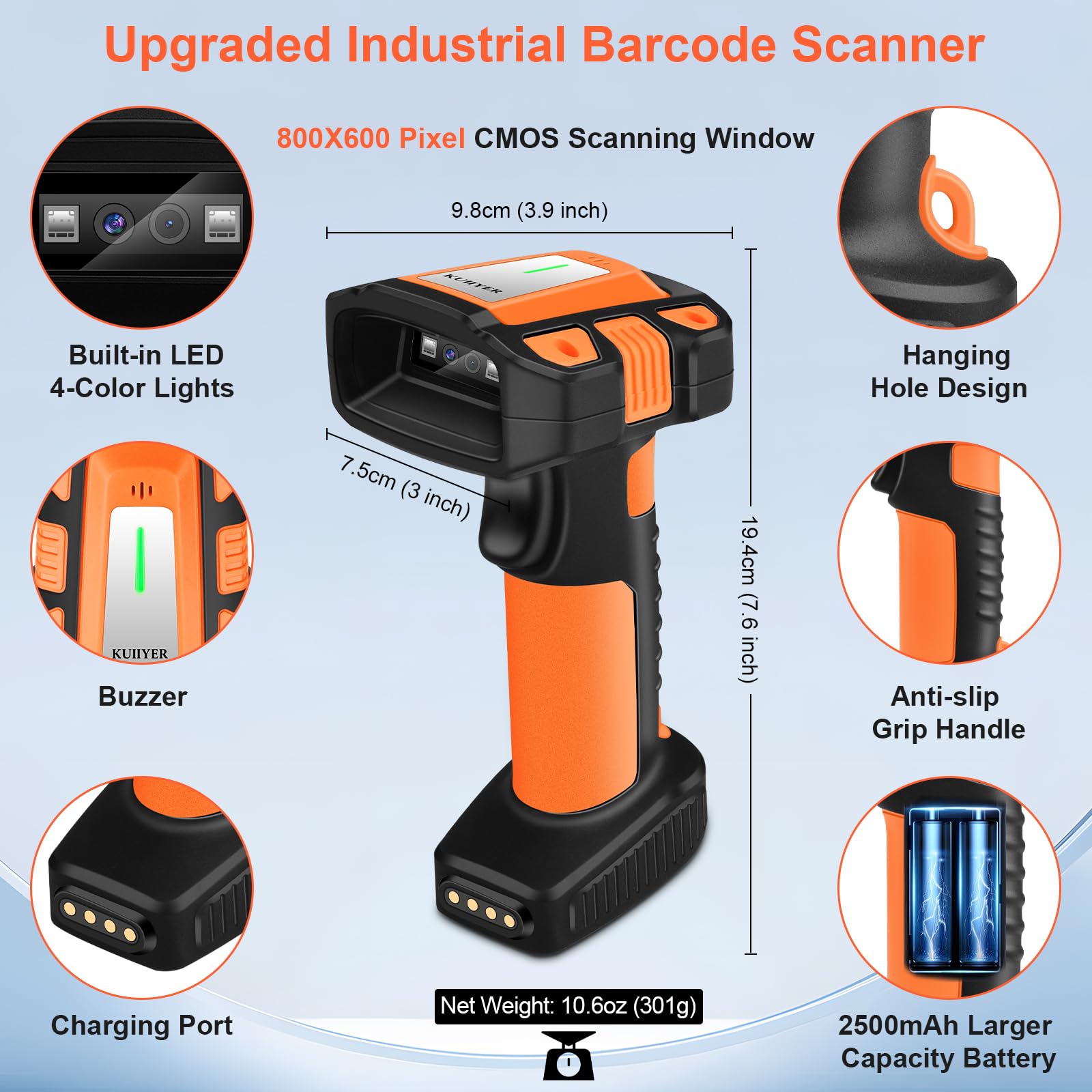 KUIIYER 1D QR 2D Industrieller Barcode-Scanner mit verbesserter Ladestation, kabellos, Bluetooth, professionelle Barcode-Scanner, USB-Plug&Play-Hand-Barcode-Lesegerät für iPhone, Android, Computer