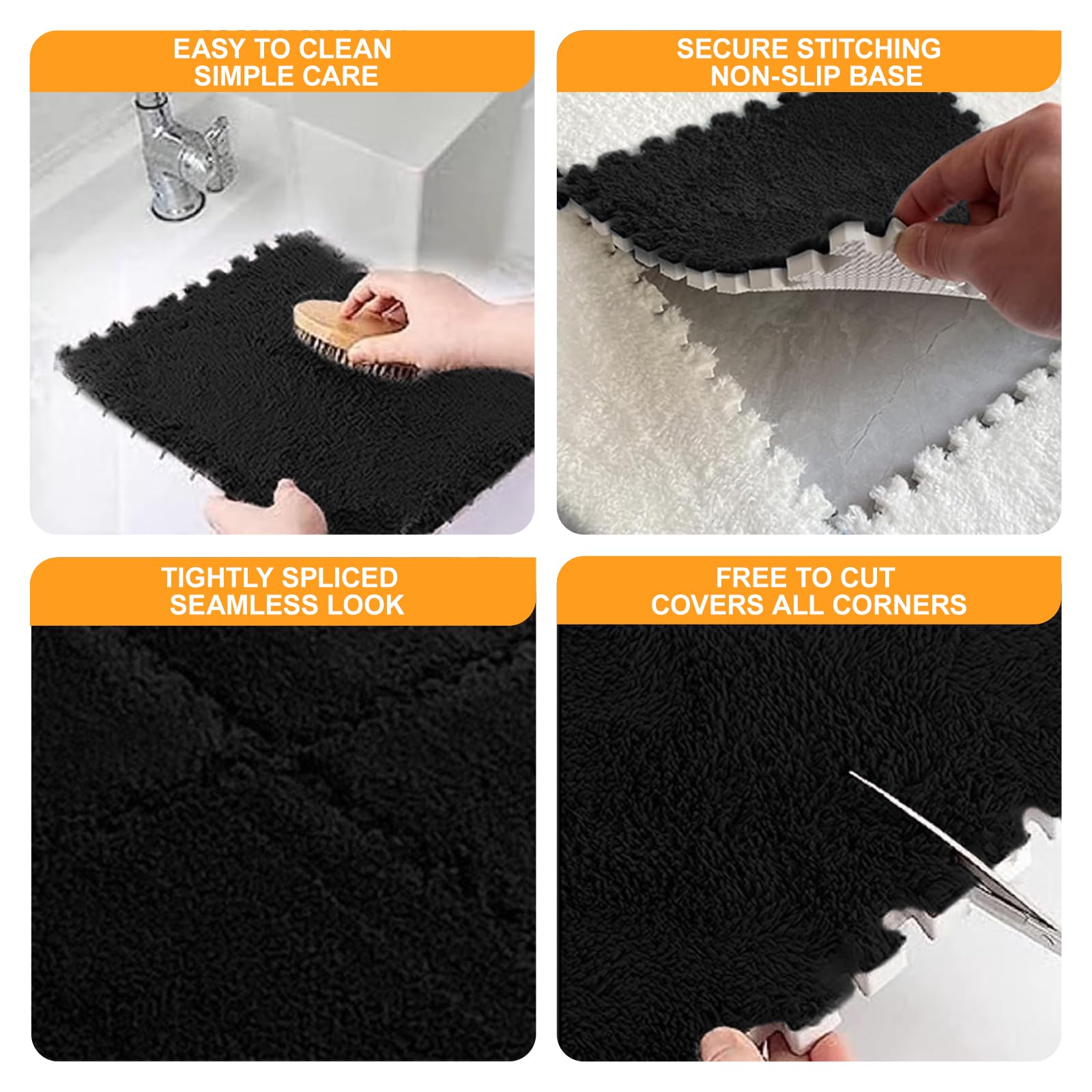 12 Stück Plüsch Bodenmatten 30x30 cm – Weiche Teppichfliesen mit Stecksystem, 10 mm Dicke, Bodenbelag für Wohnzimmer Schlafzimmer Arbeitszimmer (Schwarz)