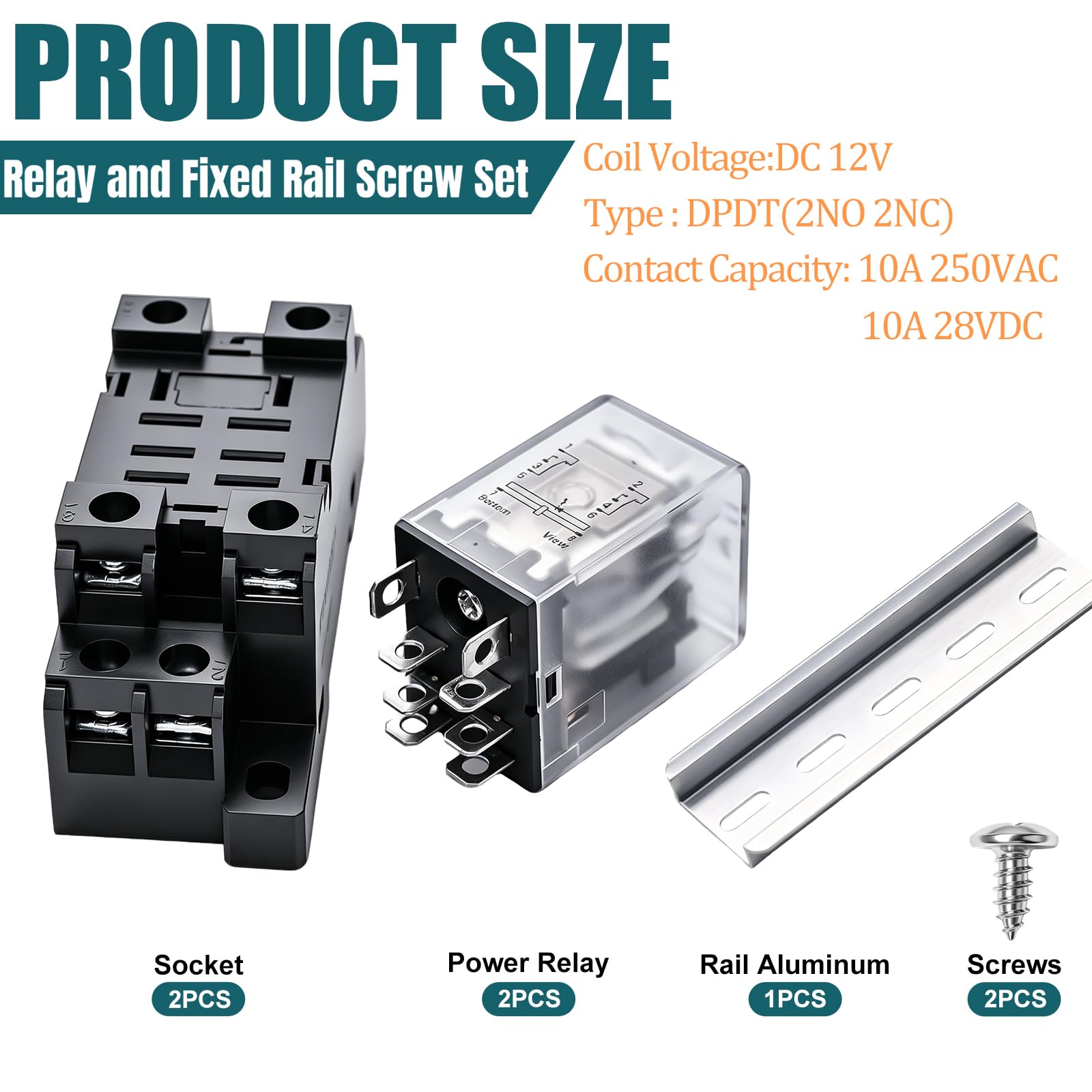mxuteuk Lot de 2 relais de puissance de bobine JQX-13FL DC 12 V 8 broches 10 A DPDT Affichage LED électromagnétique Inverseur avec base de haute qualité, avec rail DIN en aluminium fendu