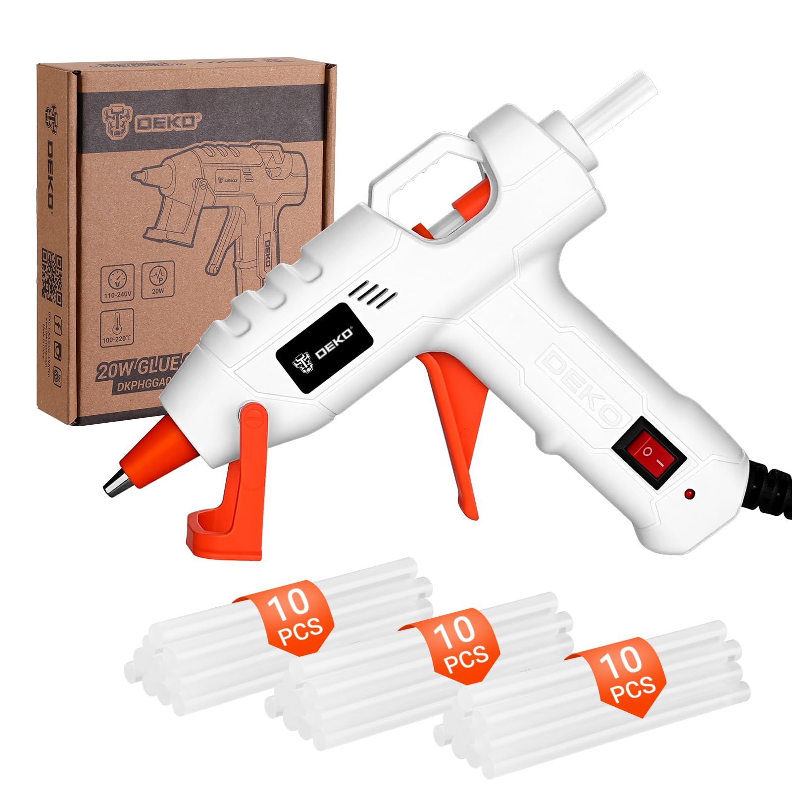 Pistola Silicona Caliente, DEKOPRO 20W Juego de Pistola de Silicona, Pistola Pegamento Caliente con 30 PCS Barras de Pegamento,7mm*100mm Barras,para DIY, Arte, Oficina,Hogar, Blanco