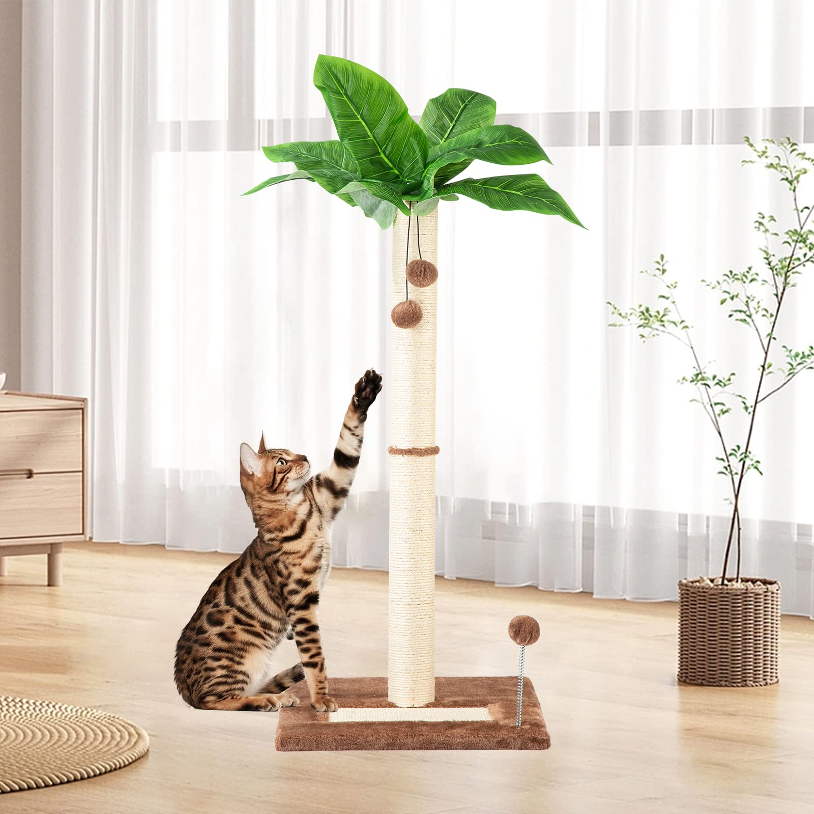 Grand Griffoir pour Chat Poteau 80cm avec Corde Sisal, Arbre a Chat en Bois Design Petit