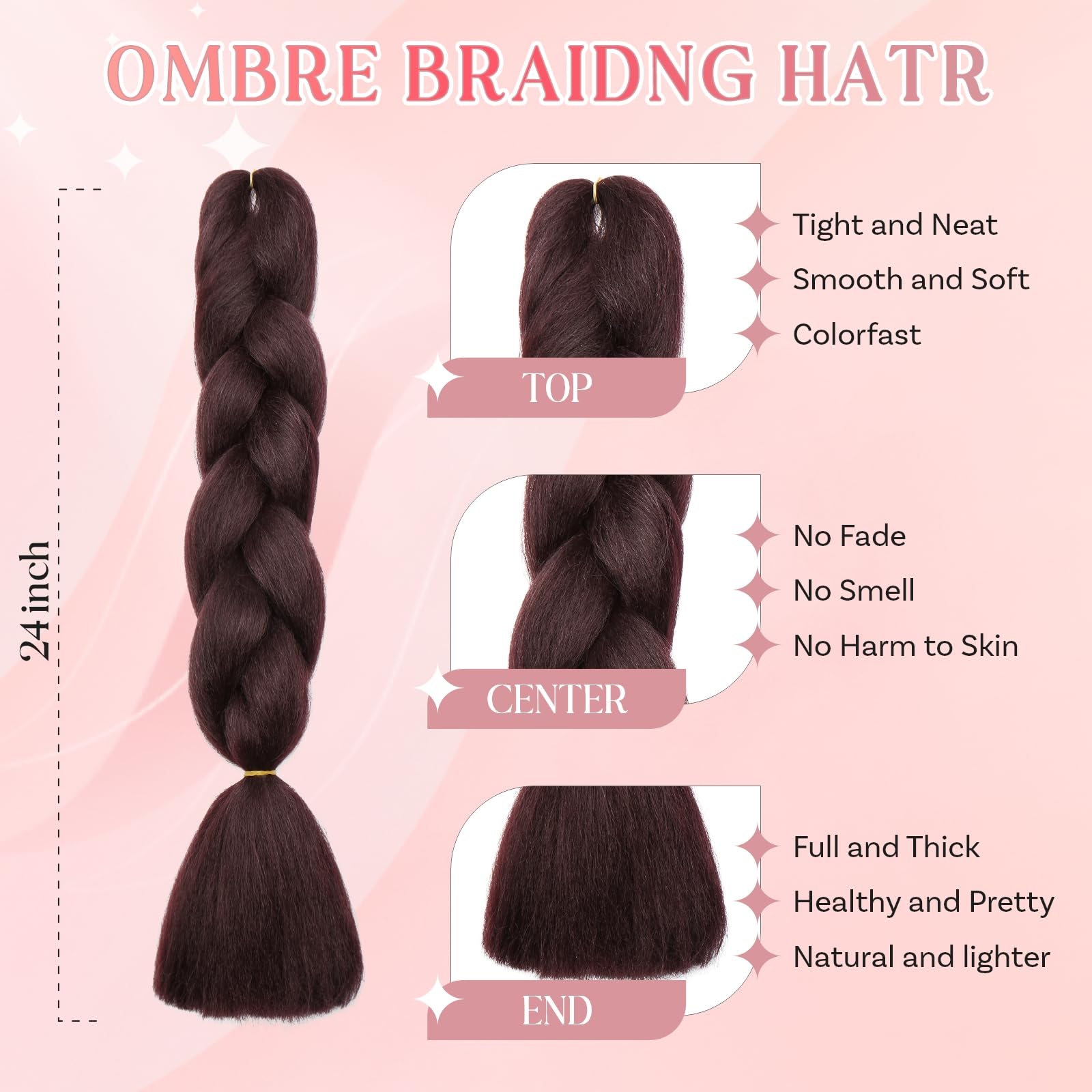 SEGO Pro Braiding Hair Extensions 24 Inch Yaki Synthetic Jumbo Box Braid Hair for Crochet Twist Braids for Women Pack of 3 (Dark Auburn) - Image 2