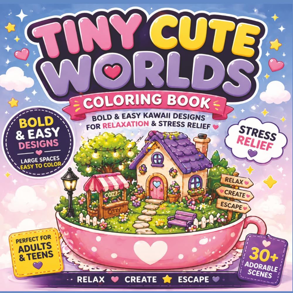 Tiny Cute Worlds Coloring Book: Bold & Easy Kawaii Designs for Relaxation | Stress Relief Coloring Book for Adults & Teens