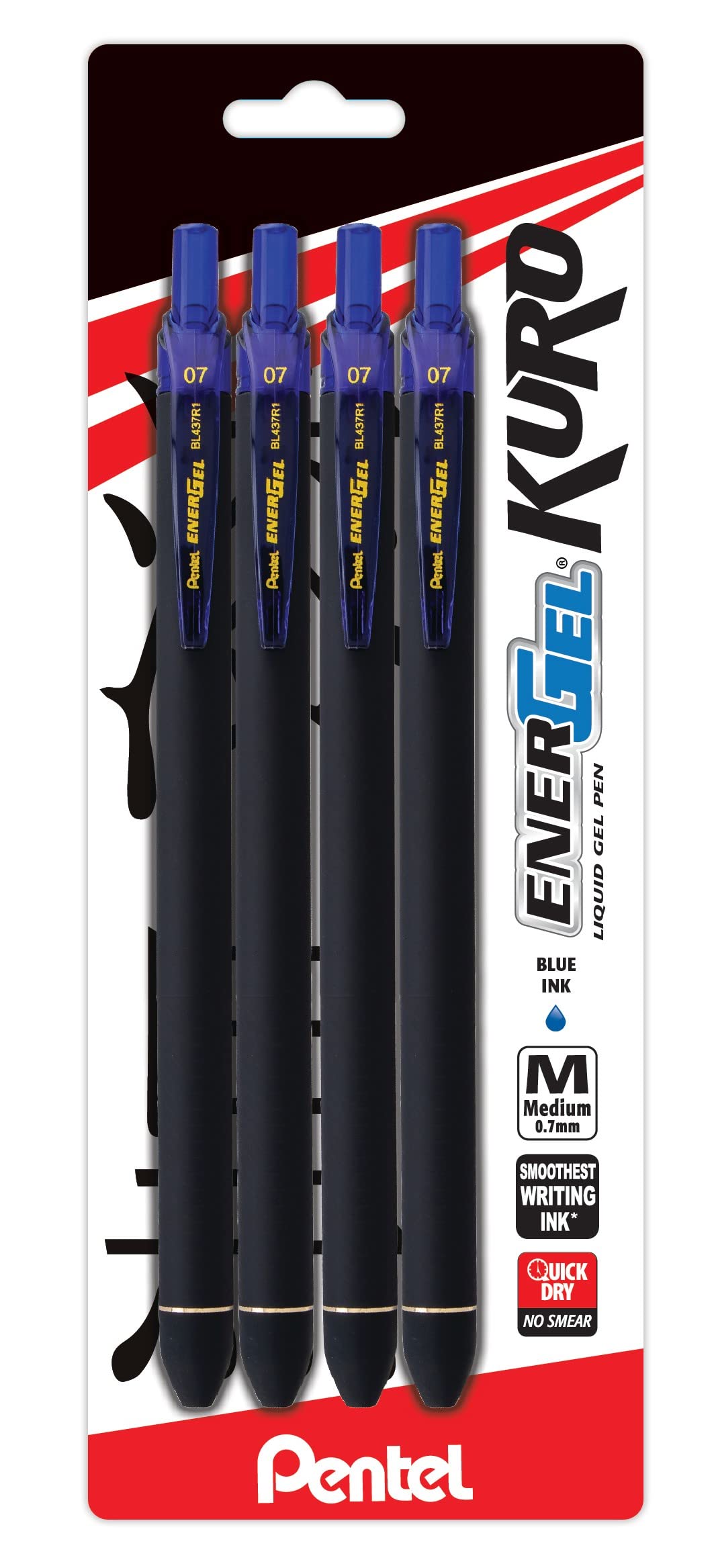 PentelEnerGel Kuro Liquid Gel Pen, (0.7mm) Medium line, Rubberized Barrel, Refillable Blue Ink, 4 Pack