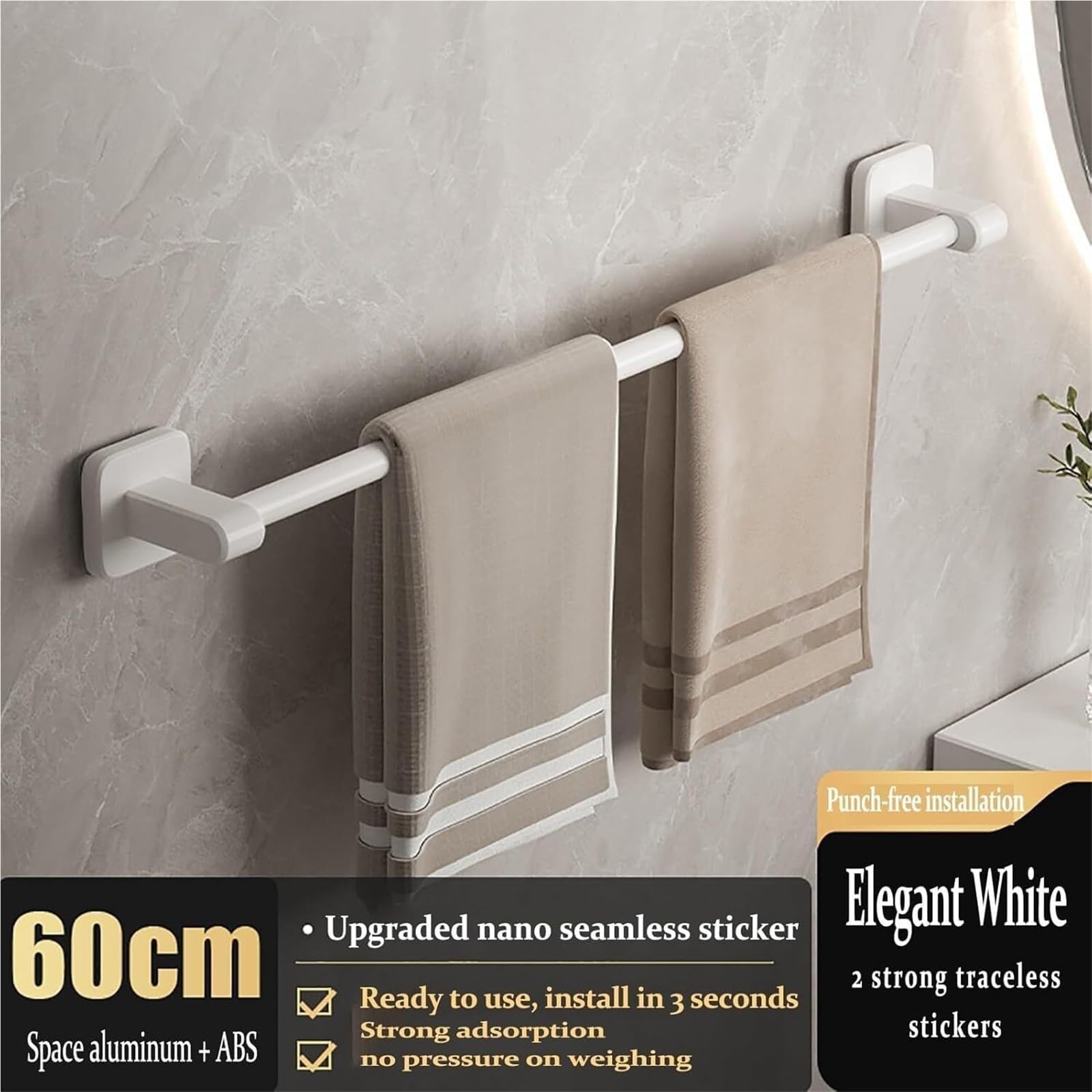 Toallero autoadhesivo, barra de aluminio espacial, soporte de pared con instalación sin taladro, para baño y cocina