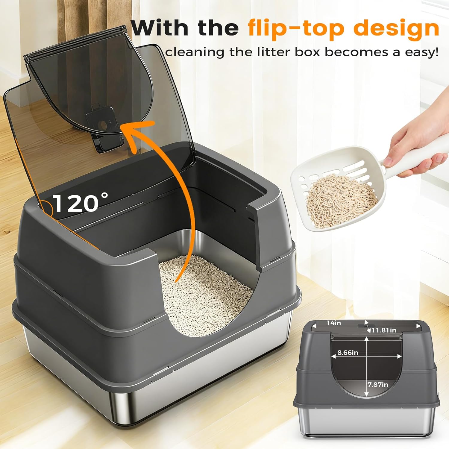 Stainless Steel Litter Box with Lid, Side Entry Large Enclosed Cat Litterbox for Kitty & Multi-Cat, Flip Cover Easy to Clean, High Sided Metal Cat Litter Pan with Scoop, Mat, Anti-Leakage, Non-Sticky