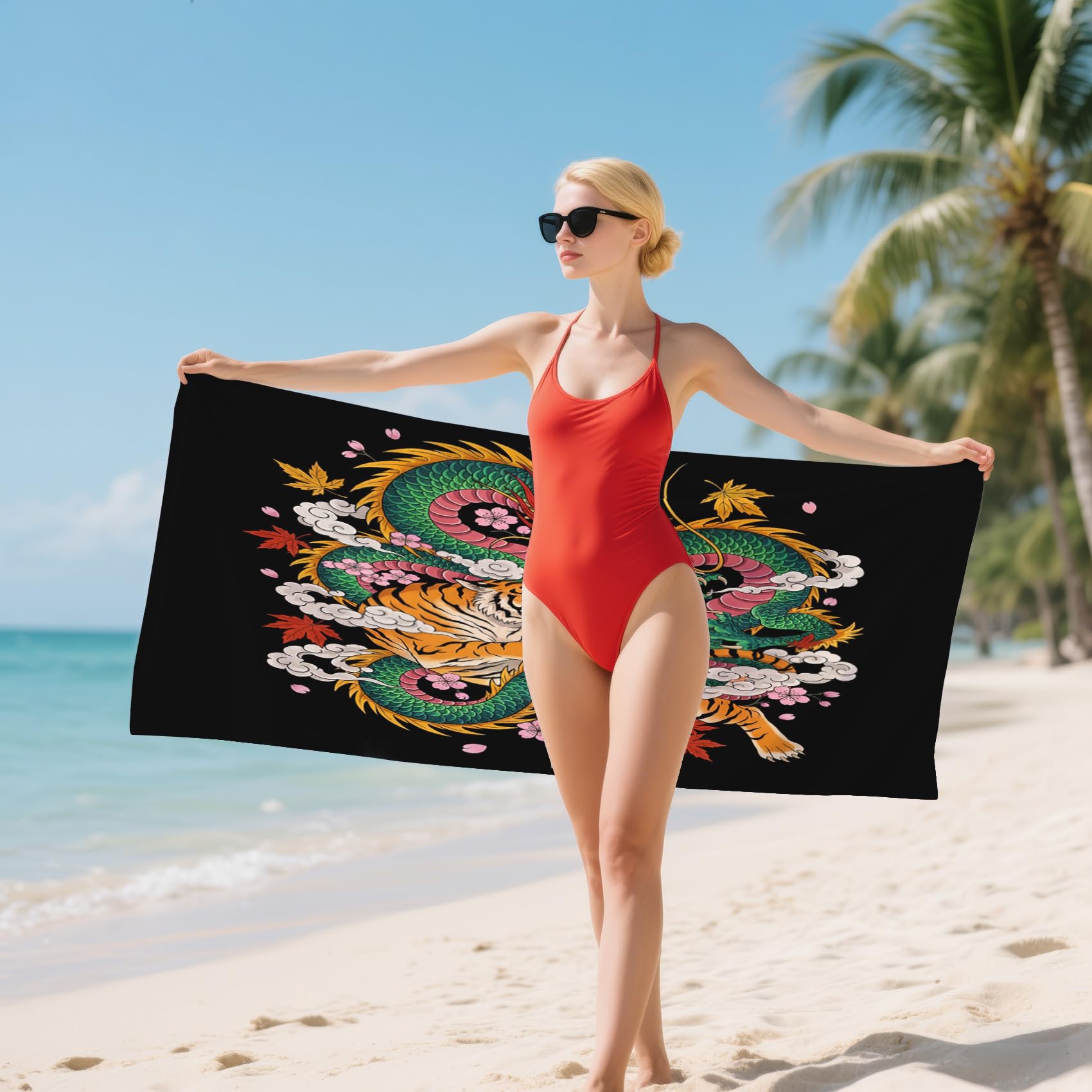 Serviette de Plage XXL Microfibre Dragon Chinois Tigre, Drap de Plage Séchage Rapide Anti Sable & Légère, Serviette de Bain Grande Taille 200x200 cm, Accessoire & Cadeau été