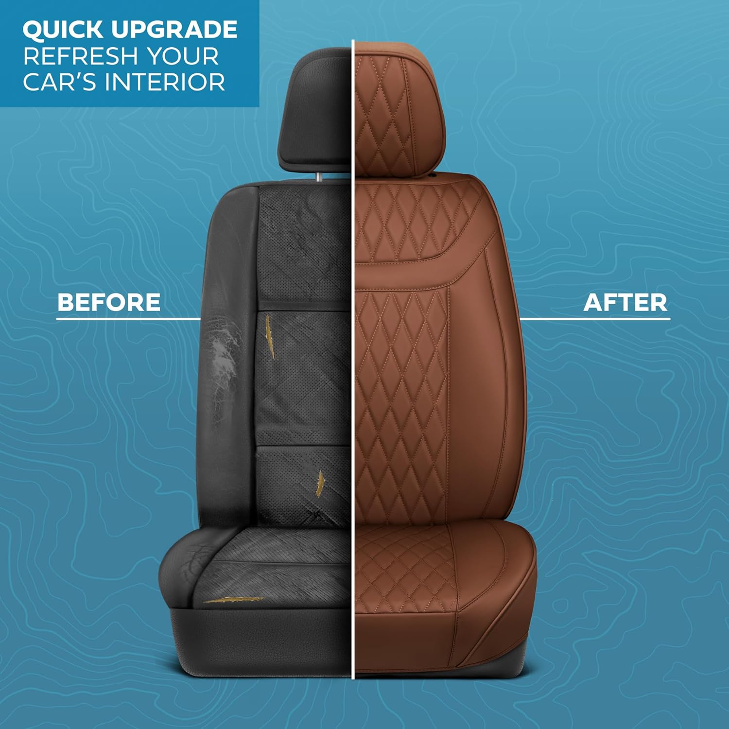 Car Seat Covers - Ranch Leatherette Faux Leather Brown Seat Covers for Car - Diamond Stitched Cushioned Interior Protectors for Automotive Accessories, Trucks, SUV, Cars - Two Front Covers