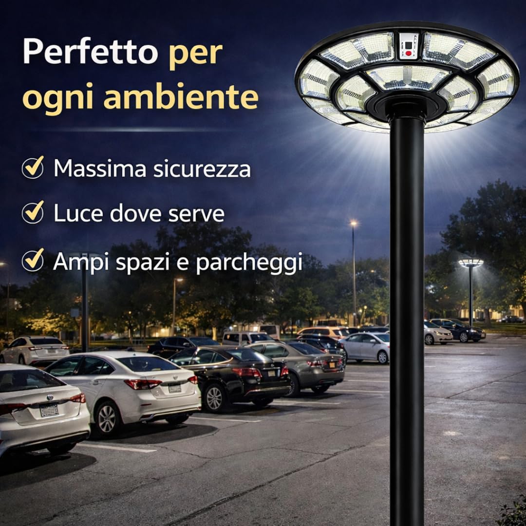 DE ROSA SHOP Lampione Solare Led Esterno, Lampione da Giardino 1200 Watt forma Ufo con Telecomando, Sensore di Movimento e Crepuscolare, Luce Bianco Fredda, Impermeabile IP 67.