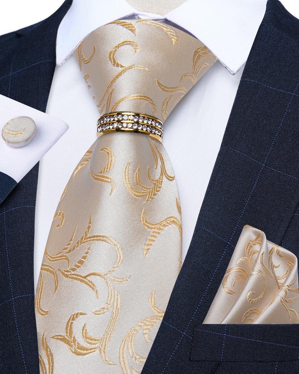 DiBanGu Mens Tie Set Silk Necktie and Gold Tie Ring Pocket Square Cufflinks Formal Business Wedding Ties with Gift Box - Image 3