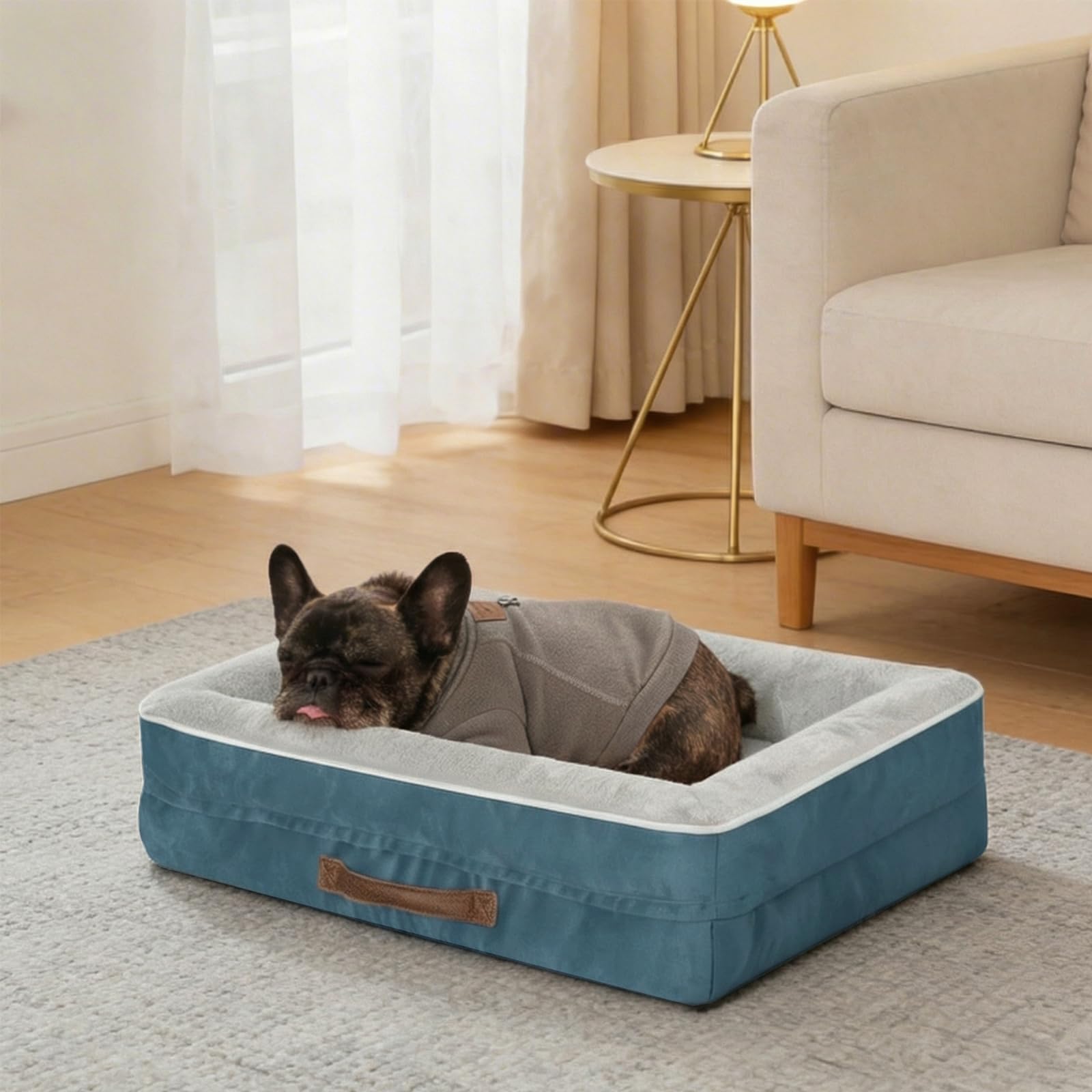 Renvix Medium Orthopedic Cat Bed, Waterproof Dog Sofa Bed with Removable Washable Cover, Soft Egg Foam Pet Bed, Non-Slip Bottom and Four-Sided Bolster Cushion（Blue, 61x46x15cm）