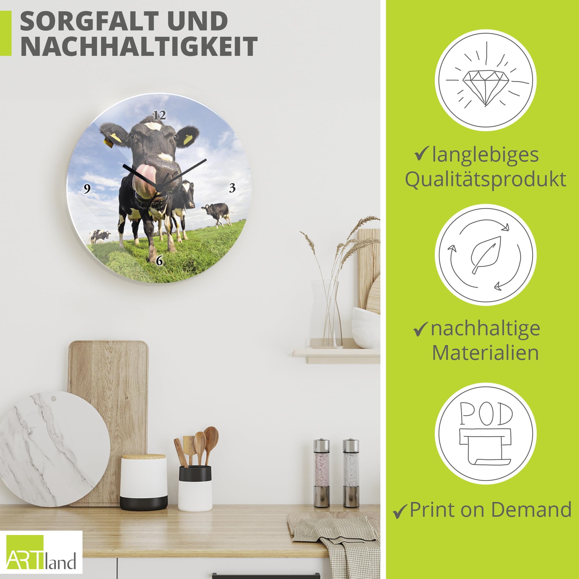 ARTLAND Wanddeko Wanduhr ohne Tickgeräusche Glas Funkuhr Ø 30 cm Rund Lautlos Tiere Kuh Lustig Ländlich Hipster Originell Landhaus T5WJ