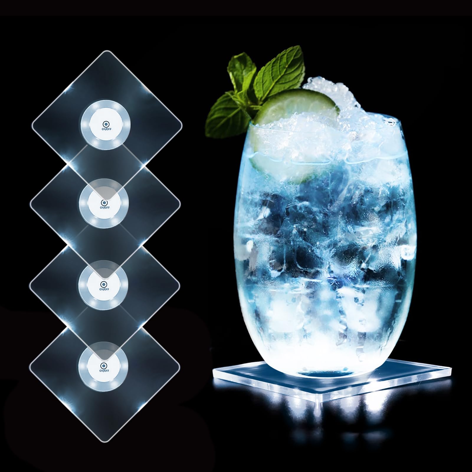 MEDOYOH Set of 4 Square Cool White LED Coasters for Drinks, On/Off Waterproof Acrylic Drinks Coasters, Luminous for Glasses, Bottles, Parties, Weddings, Bar, Christmas