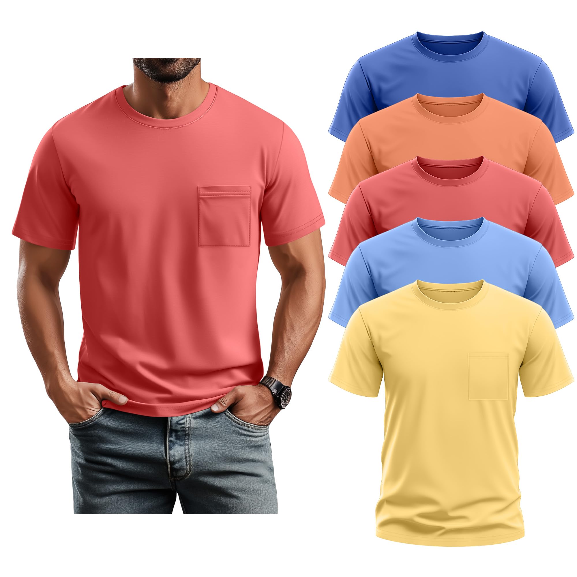 Neer 5 Pack Mens Big and Tall Pocket T-Shirt Crew Neck Short Sleeve Shirt Slim Fit Lightweight Top