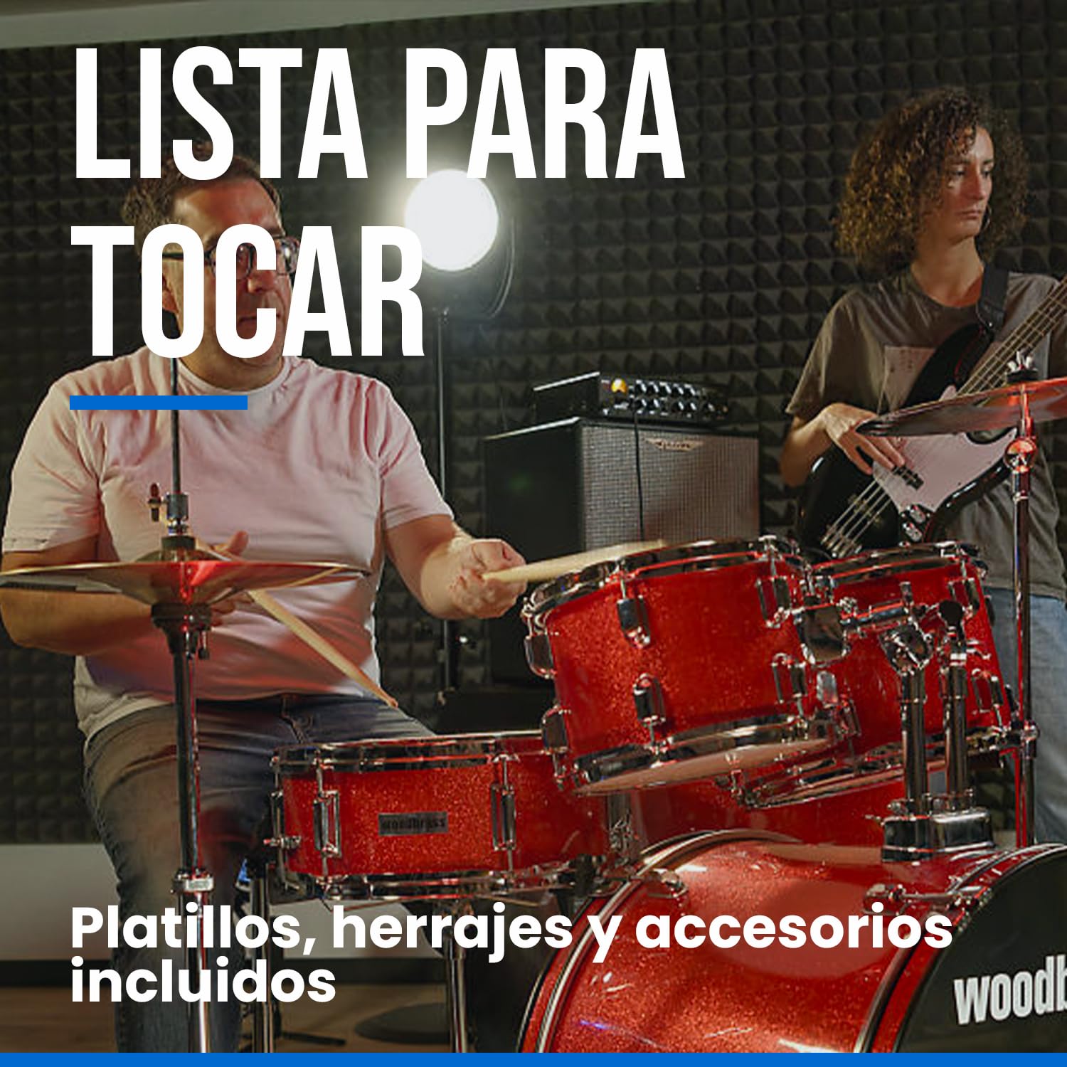 Woodbrass AD100 - Batería para principiantes, lista para usar, accesorios incluidos, kit de batería acústica completa barriles de álamo