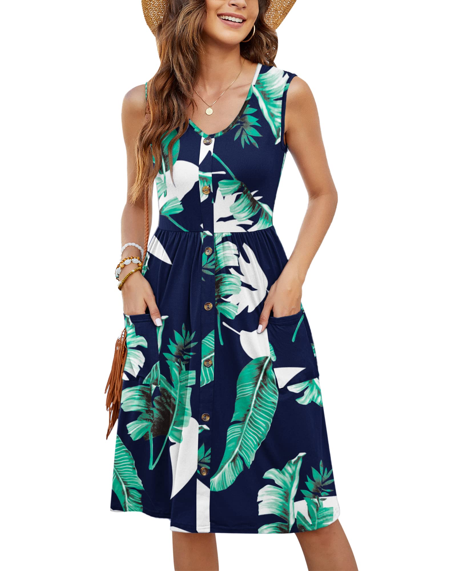 MOLERANI Midi Vestidos para Mujer Verano Playa Sin Mangas Cintura Alta Botón Abajo Vestido (Verde