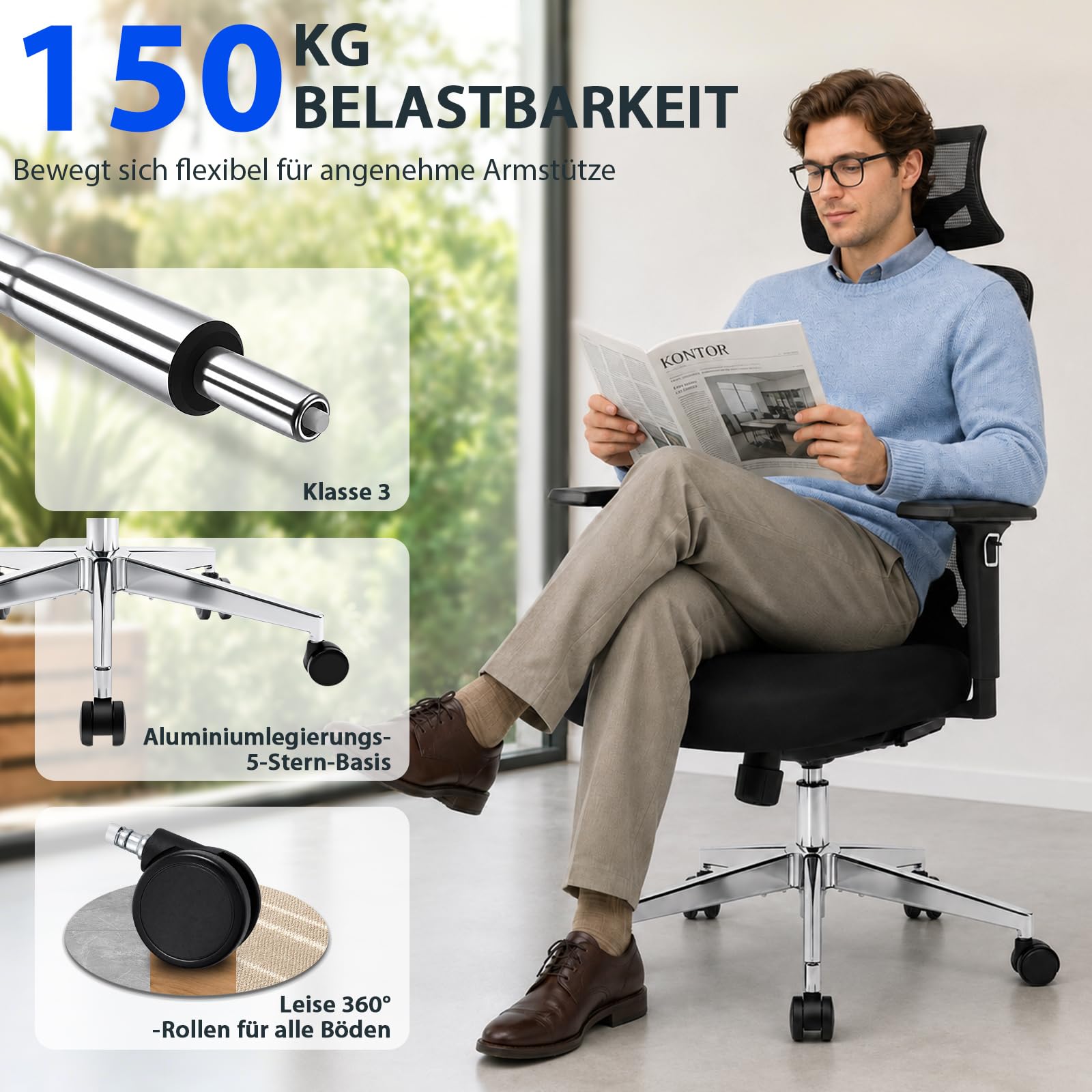 Hoolamyie Ergonomischer Bürostuhl mit Kopfstütze & Lendenstütze, Drehstuhl mit Sitztiefenverstellung, 3D Armlehnen, Mesh Schreibtischstuhl ergonomisch für Homeoffice & Büro, Schwarz