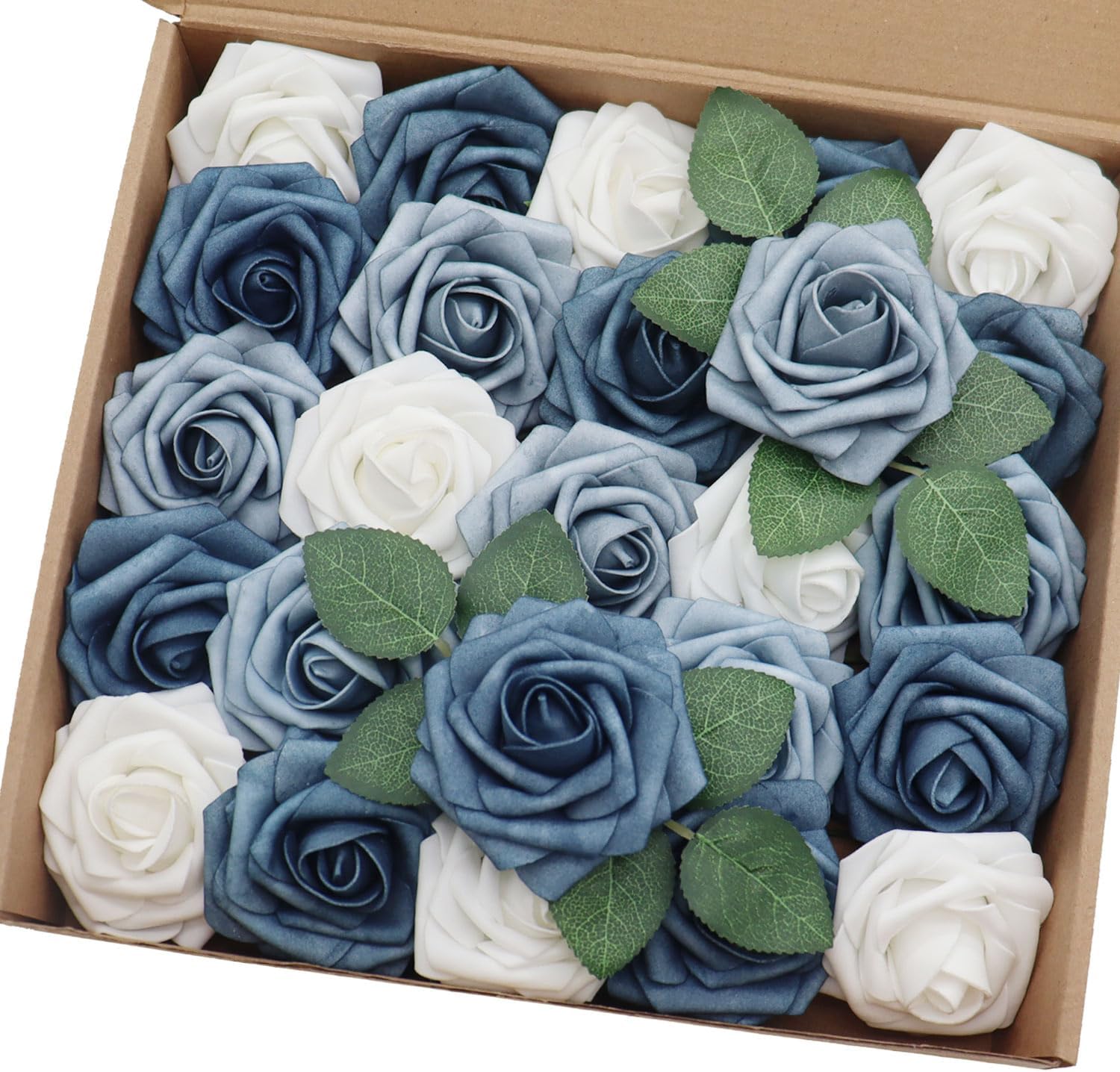 Artificial Flowers 50PCS Real Looking White & Dusty Blue Shades Fake Roses with Stem for DIY Wedding Bouquets Centerpieces Baby Shower Party Home Decoration