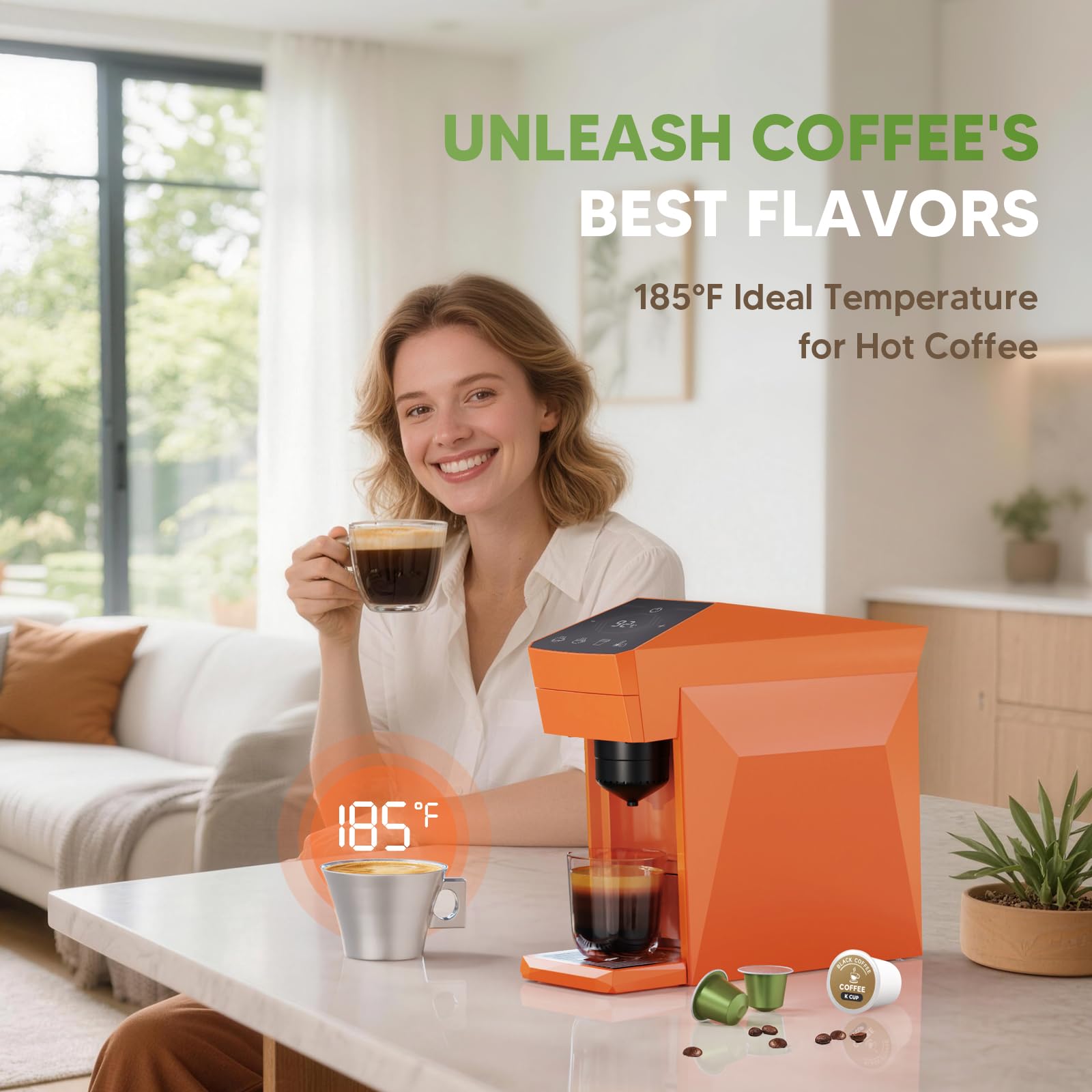 Máquina de café 4 en 1 desechable, 19 bar para cápsulas KCup Capsules/Nespresso OriginalLine/Dolce Gusto/Ground Coffee, naranja vibrante