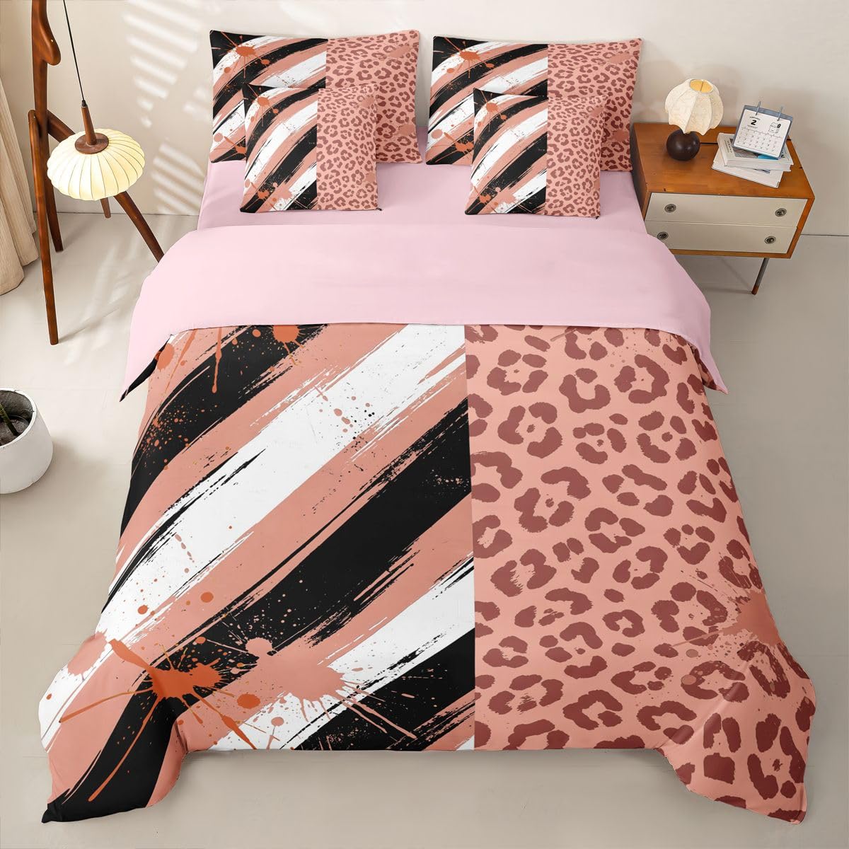 Loussiesd Set di biancheria da letto per bambini con stampa leopardata astratta, per letto singolo, 7 pezzi, moderno, per bambini, ragazzi, ragazze, bianco, nero, rosa, con copripiumino, lenzuola