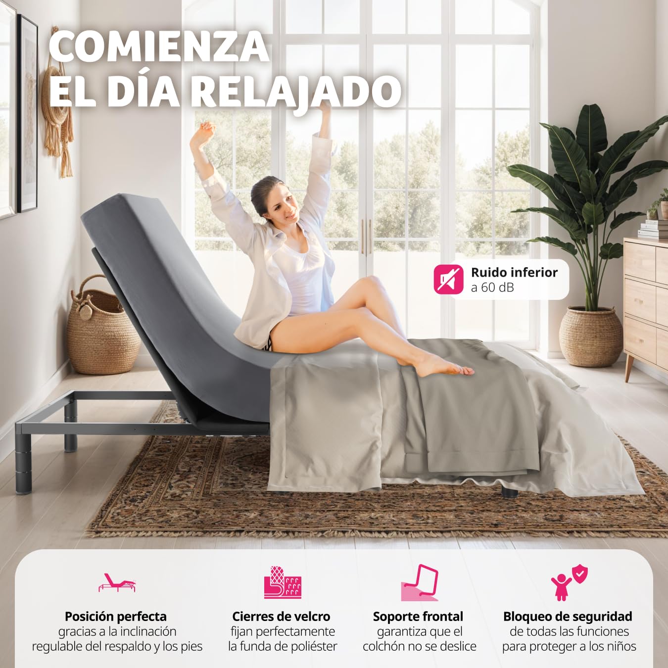 tectake® Somier de Láminas Regulable Eléctricamente Respaldo y Reposapiés, Mando a Distancia, Estructura de Acero, 6 Patas Ajustables, Apto para Colchones, Cubierta de Poliéster, Plegable, 90x200cm