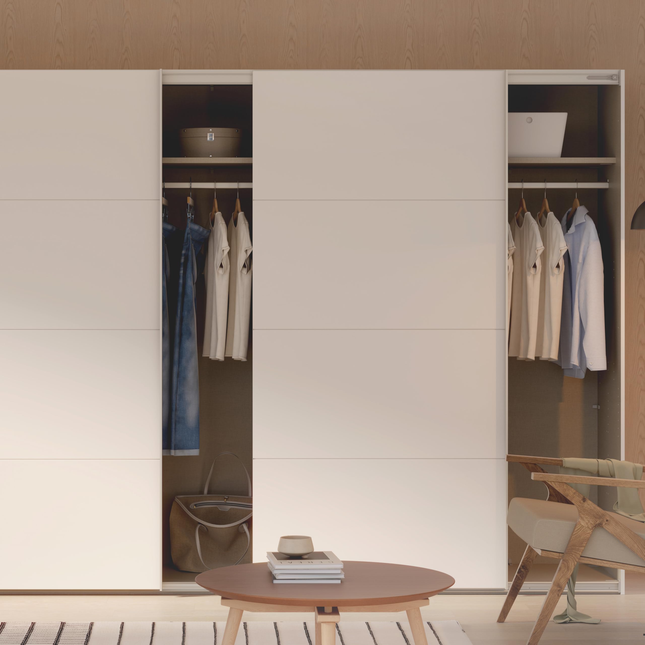 Forte SOPHISTISPACE Kleiderschrank 300, 3-türiger Schwebetürenschrank mit Einlegeböden und Kleiderstange, Weiß, 299,8 cm breit, 210,5 cm hoch, 62,9 cm tief