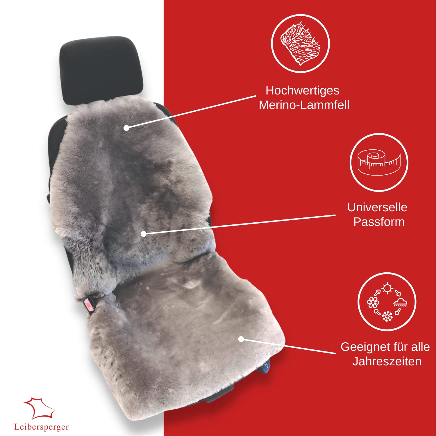 Autositzauflage kurzwollig Ledersitz aus bestem Merino Lammfell – Einfache Montage – Geeignet für Sommer und Winter – Universelle Passform – Made in Germany (Grau)