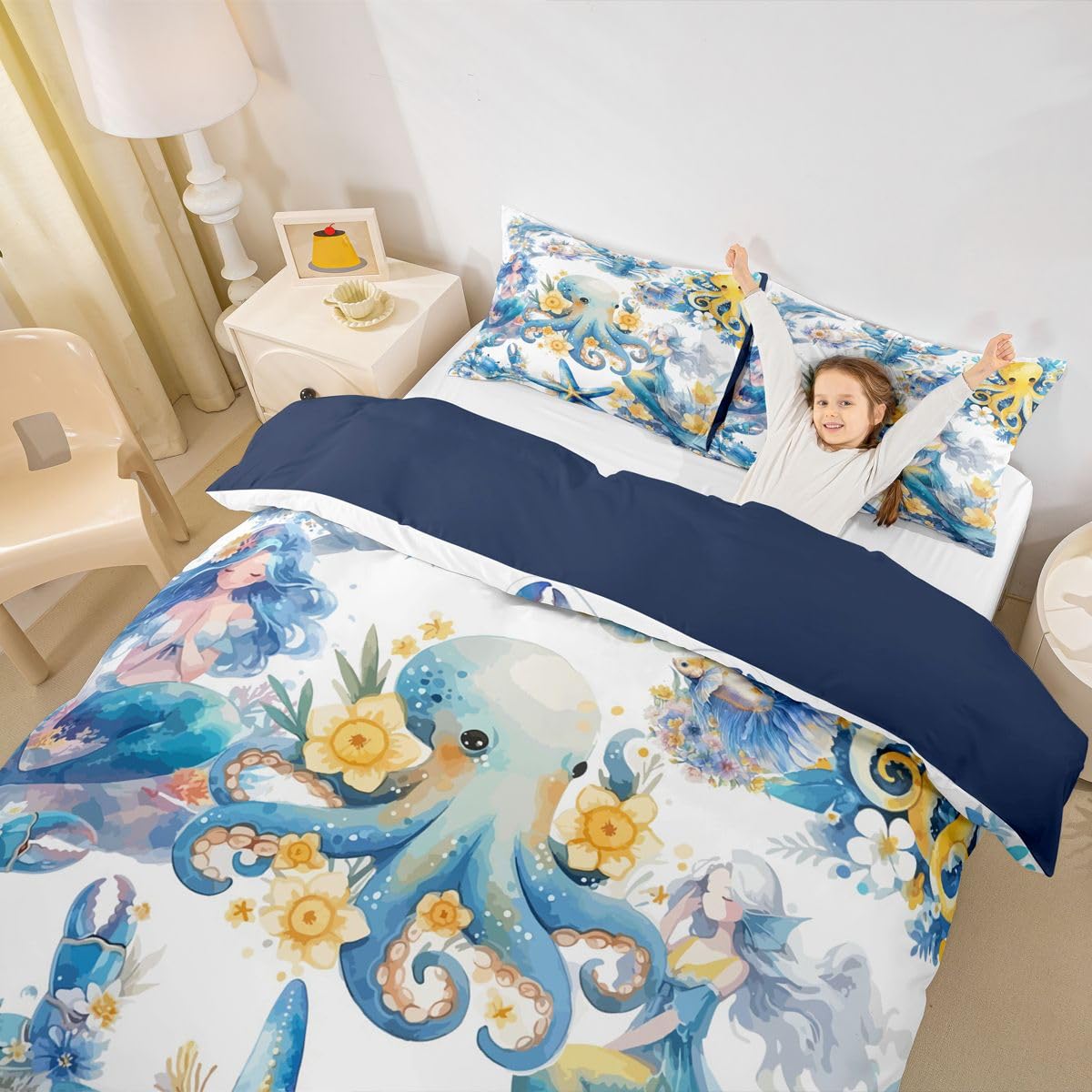 Homewish Set di biancheria da letto per letto super king size con motivo a tentacoli di polpo e sirena, con delfini, stelle marine, aragoste, animali