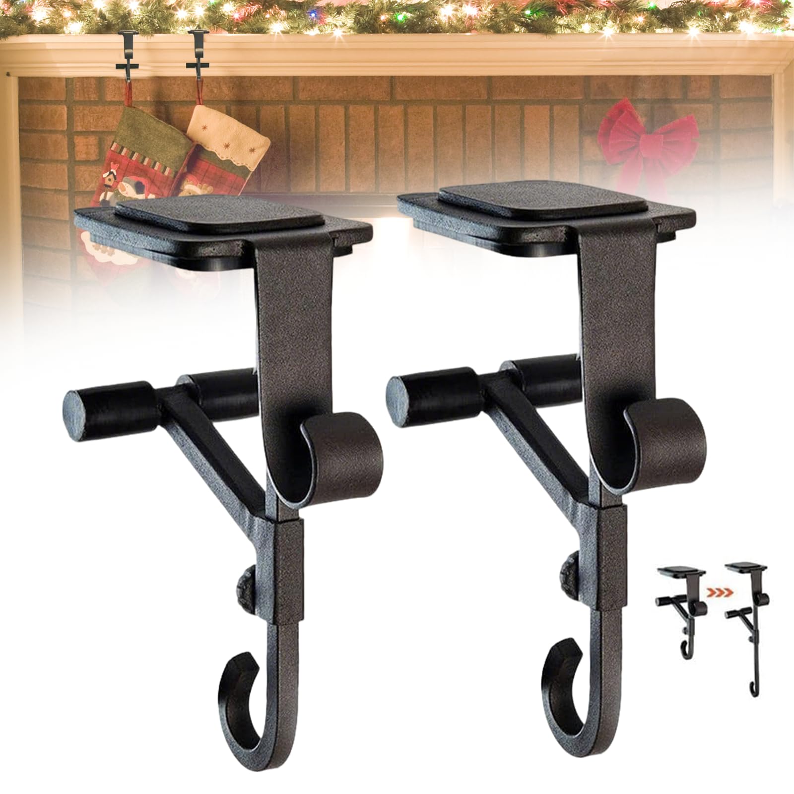 Peamoo 2Pcs Garland Holder,2 In 1 Fireplace Stocking And Garland Hanger,No Drill, Heavy Duty Garland Hangers For Mantle,Adjustable Christmas Mantle Hanger With 2 Hooks, For Christmas Holiday Garland ﻿ (2Pcs)