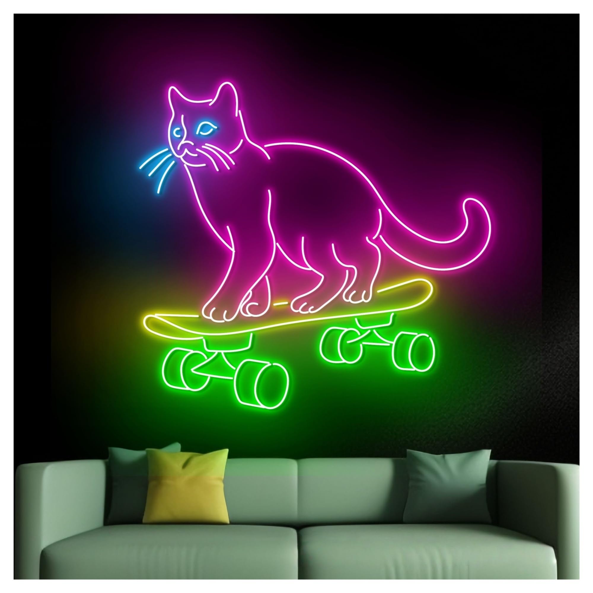 Luces de neón Letrero De Neón Con Diseño Gato Patinando, Luz LED Para Habitación, Decoración Del Hogar, Sala Juegos, Dormitorio, Bar, 63cm
