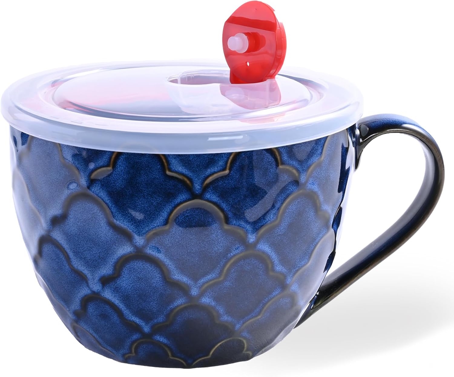 Ceramic Soup Mug with Handle, 24 oz Microwave Soup Bowl with Lid, Blue