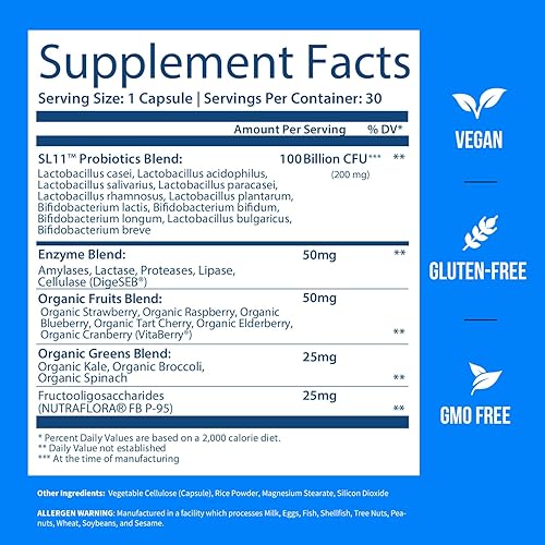Miniatura 6 de GOBIOTIX Suplemento de enzimas digestivas 100 mil millones - Multivitamínico probiótico - Mezcla de fibra prebiótica - 100 mil millones de UFC -