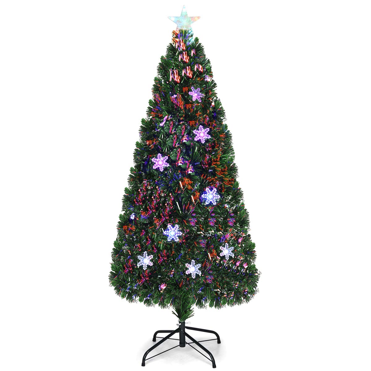 GOPLUS Árbol de Navidad Artificial de 180cm con Copos de Nieve | Árbol de Abeto con Fibra Óptica LED, Decoración Navideña y Soporte de Metal