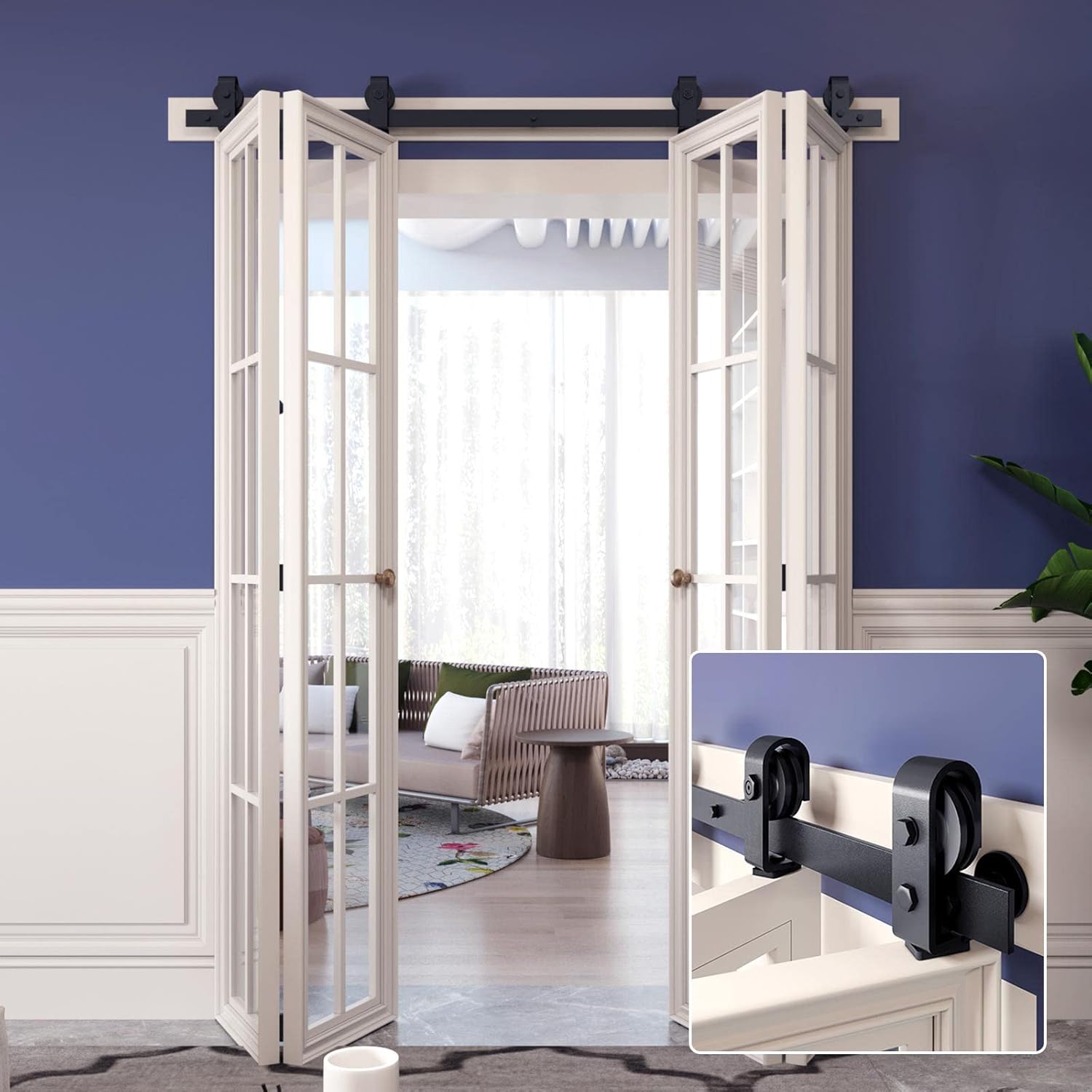 FINOSEN 64'' BiFolding Sliding Barn Door Hardware Track Kit for Four 15'' Doors,Top