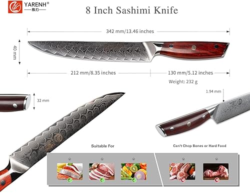 Miniatura 3 de YARENH Cuchillo para rebanar de 8 pulgadas, cuchillo de chef de Damasco, acero de 67 capas, hoja ultra afilada, borde duradero, resistente al óxido,