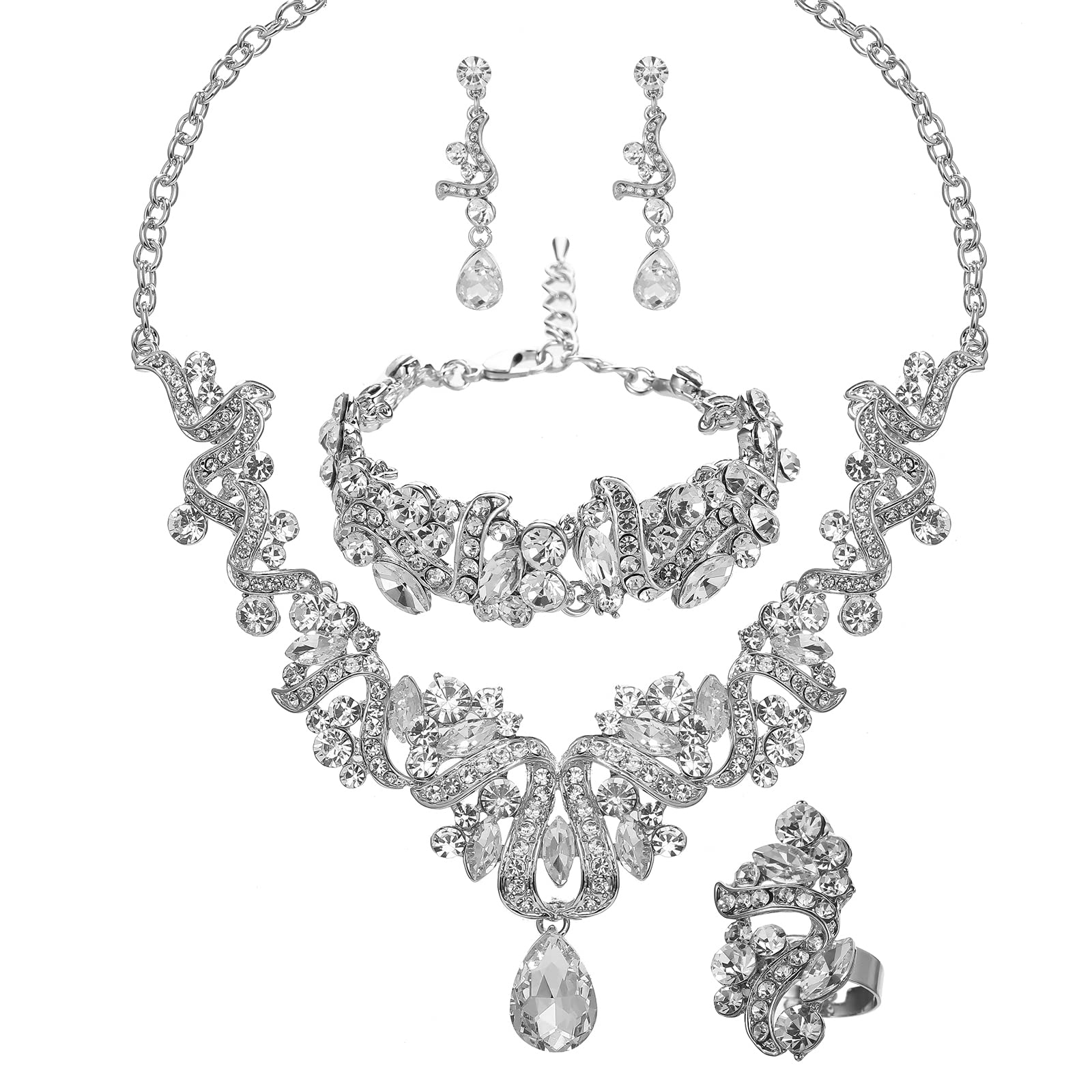 QYJ Jewelry Set for Women, Statement Necklace Dangle Earrings Bracelet Ring, White/KC Gold Plated Jewelry Set with Rhinestone Pearl Crystal Wedding