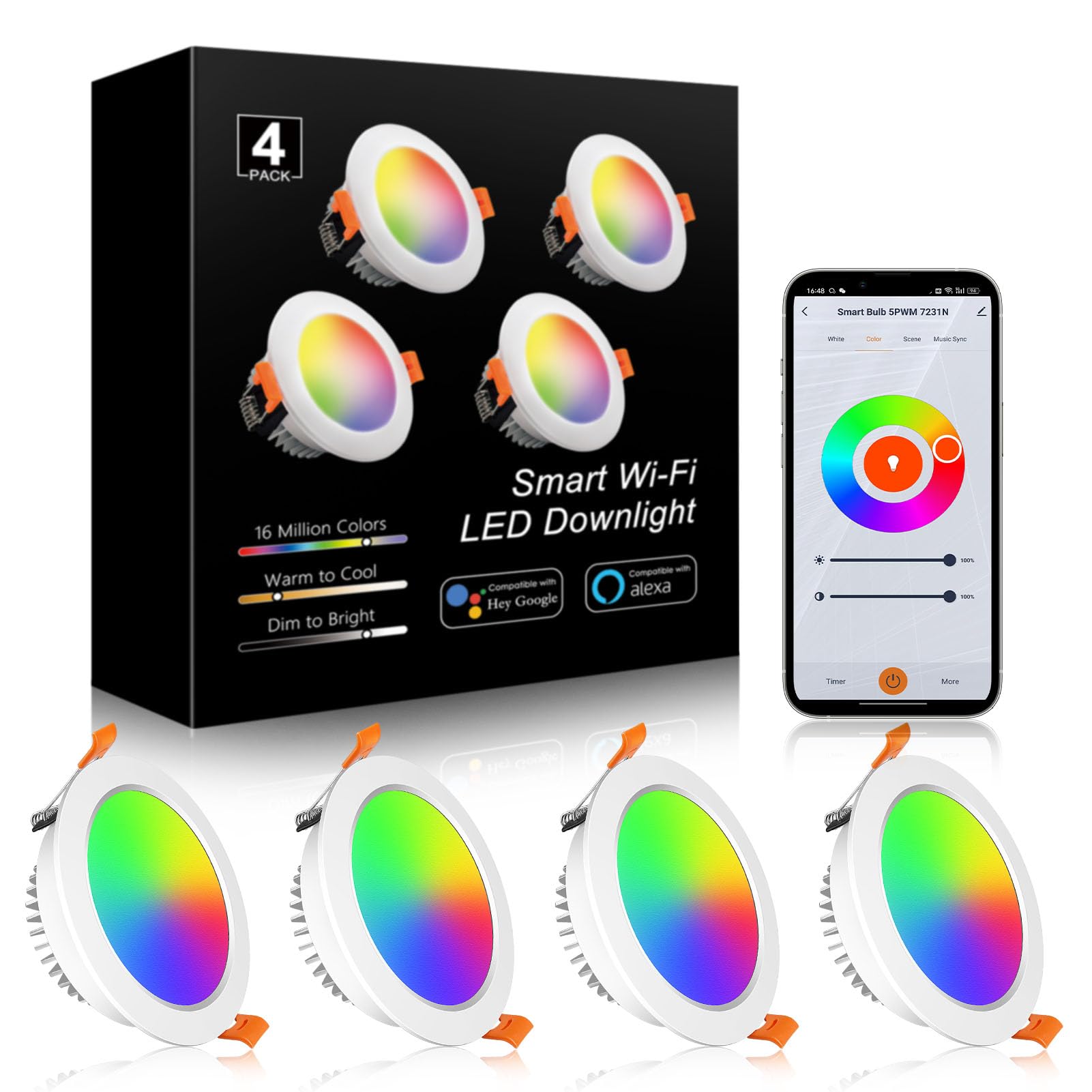 YGS-Tech 4 Inch LED Recessed Lighting RGB WiFi Downlight, 9W Compatible with Alexa and Google Home, Dimmable RGB & CCT 2700-6500K Color Changing, 120V LED Ceiling Light with LED Driver (4 Pack)