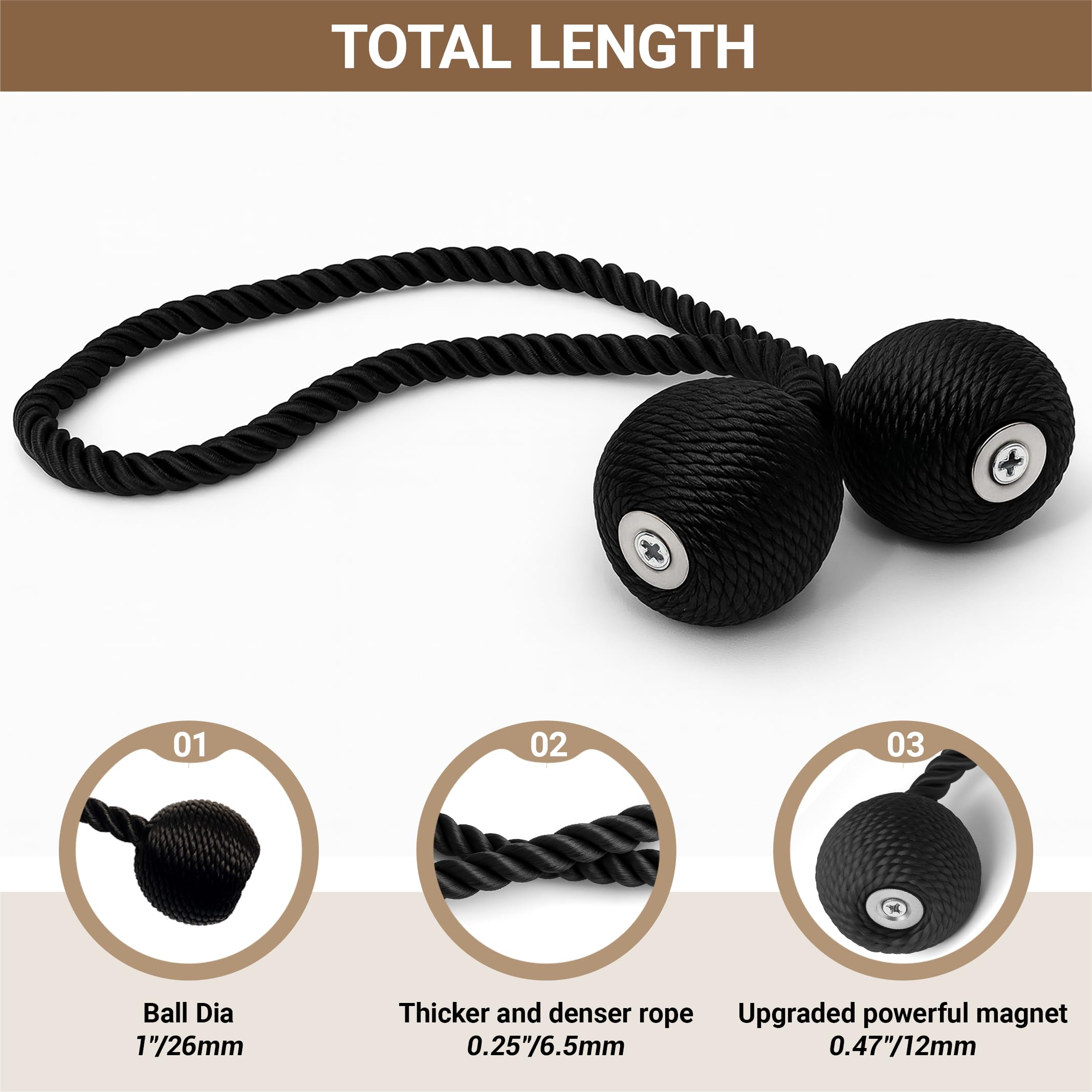 Fermatende Magnetici – Confezione Da 6, Colore Nero, Corda Intrecciata, Moderni E Decorativi Per Tende Spesse E Trasparenti