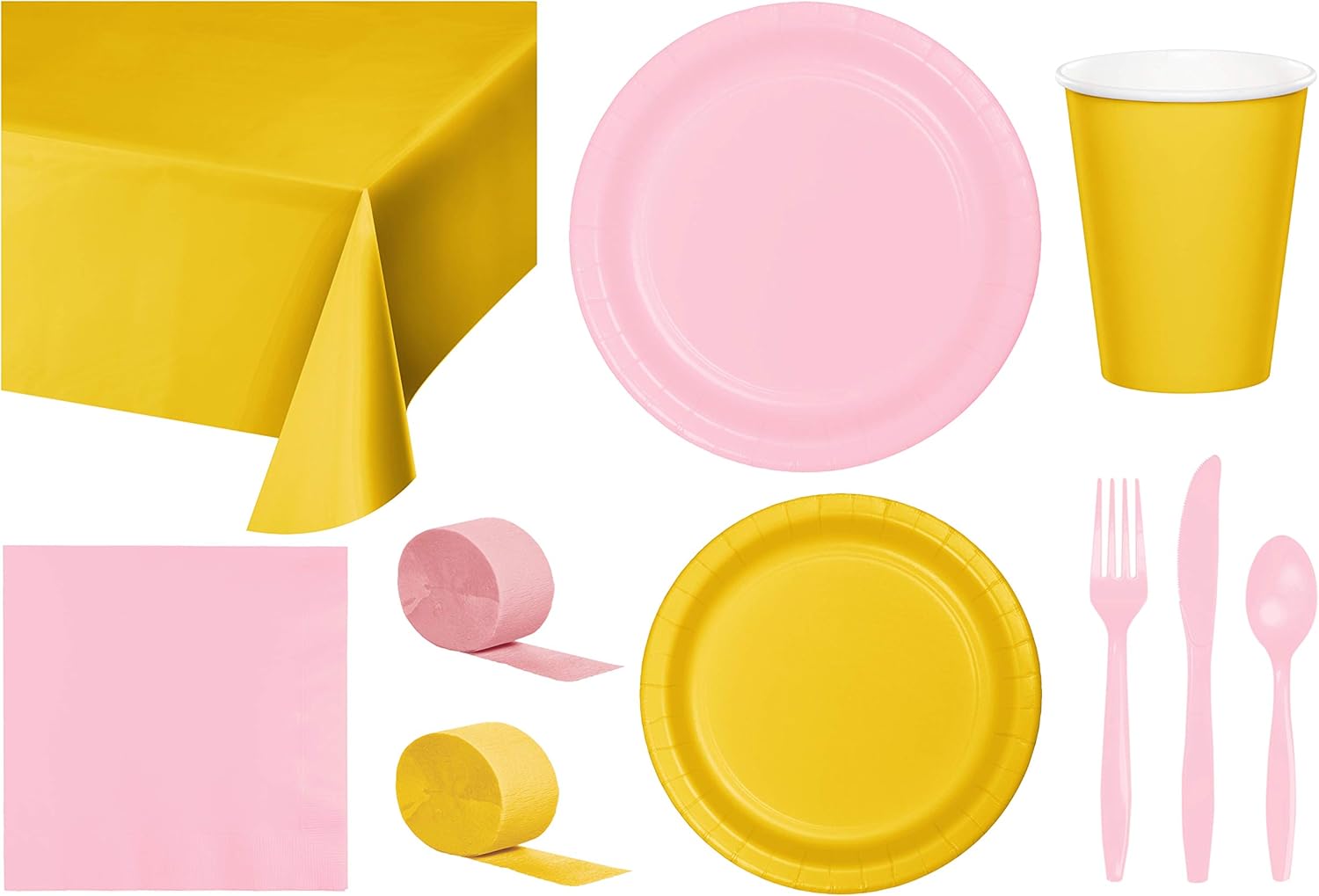 Baxters Party Bundle Bulk, Tableware for 24 People Golden Yellow and Classic Pink, 2 Size Plates Napkins, Paper Cups Tablecovers and Cutlery, Box of 199