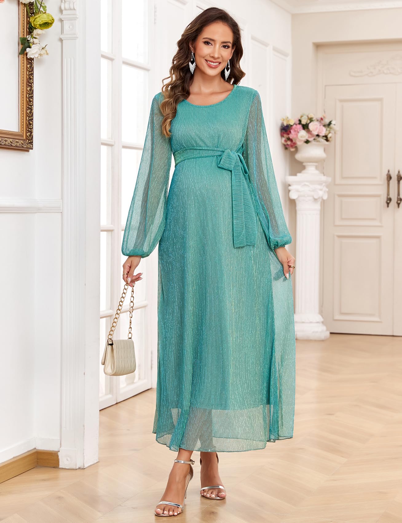 AISWI 2025 Umstandskleid mit glitzerndem Netzstoff, fließendes Maxikleid mit Gürtel, lange Ärmel, Schwangeres, langes Kleid, Babyparty, Fotoshooting, formell