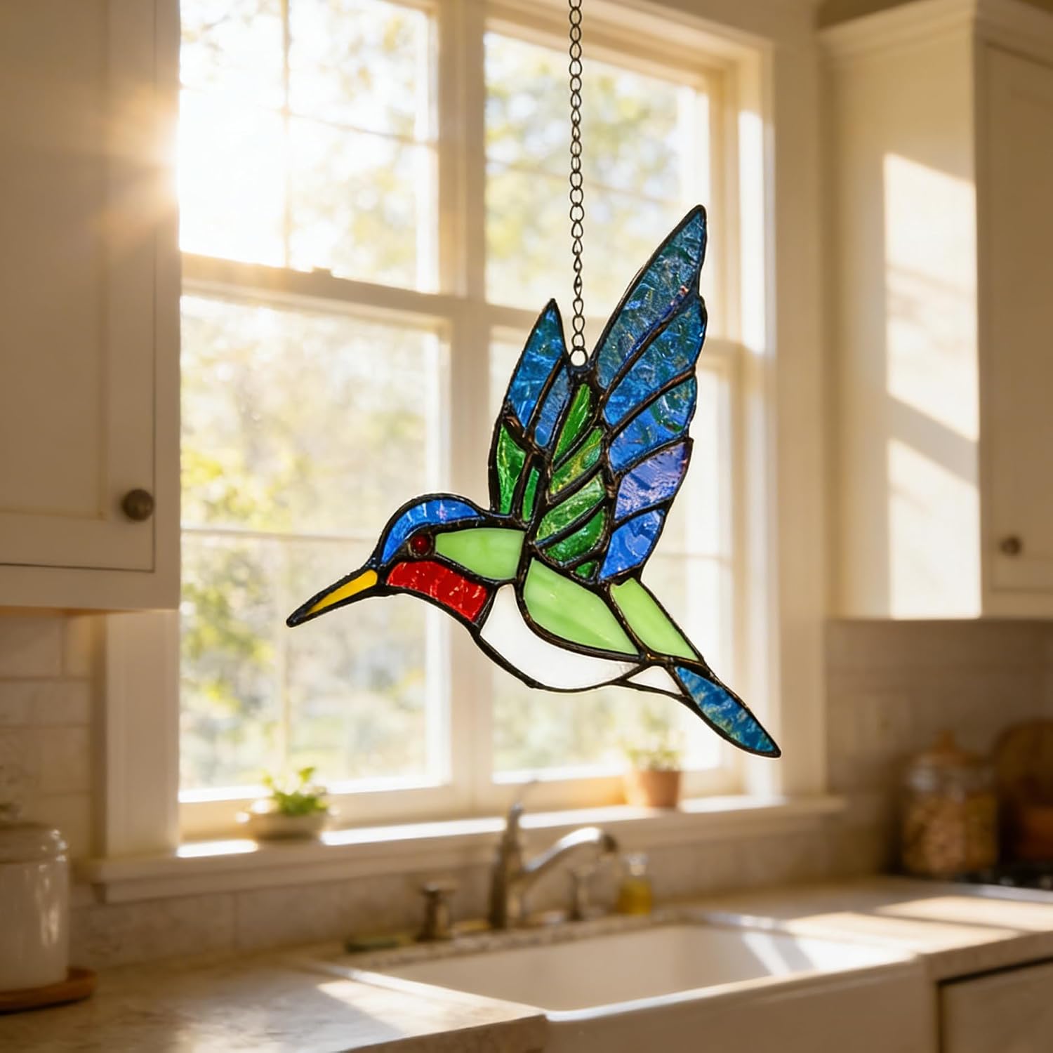 Colorful Hummingbird Stained Glass Suncatcher for Window Hanging image 2