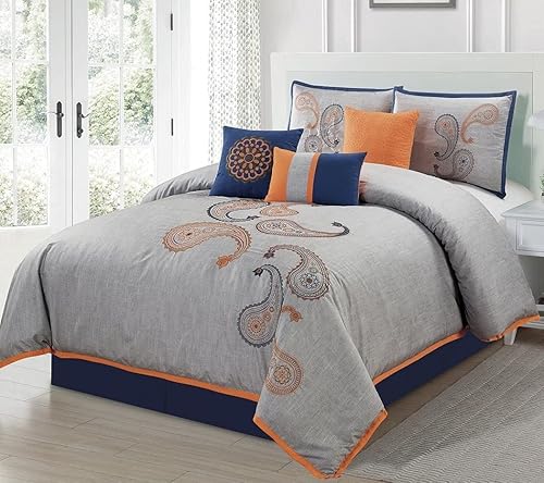Miniatura 2 de Chezmoi Collection Naomi - Juego de ropa de cama de 7 piezas con bordado floral de cachemira naranja marino, tamaño Queen
