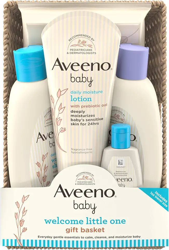 Aveeno Baby Welcome Little One Gift Basket, Baby Skincare Set with Nourishing Baby Body Wash &amp; Shampoo, Calming Bath Wash, All Over Baby Wipes, &amp; Daily Moisturizing Lotion, 5 Items