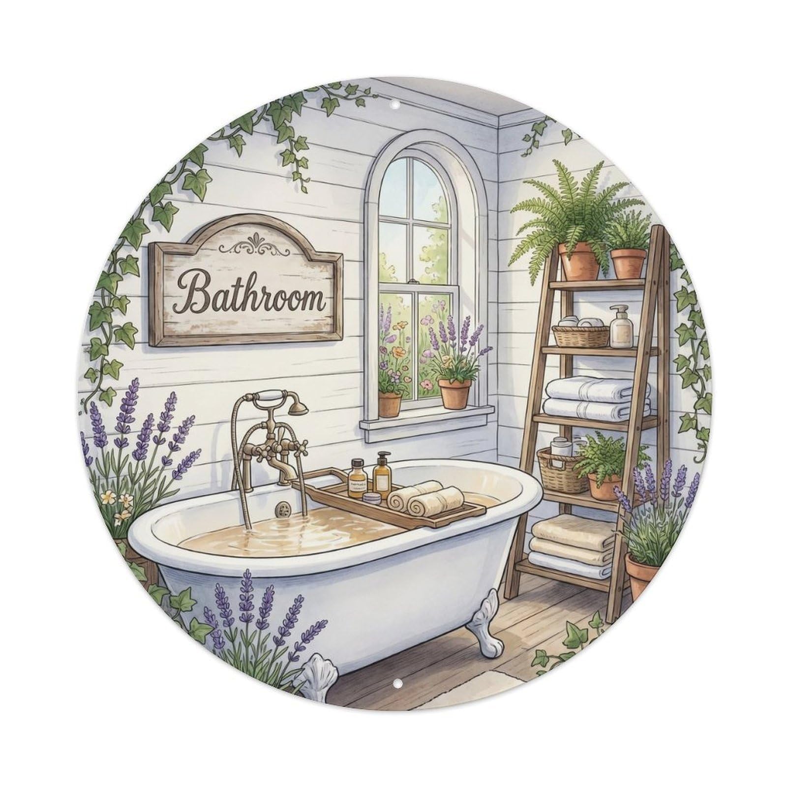 Bathroom Botanical Vintage Spa Bathroom Vintage Metal Tin Sign Plaque Wall Decor for Cafe, Club, Garden Round Metal Poster 8x8Inch