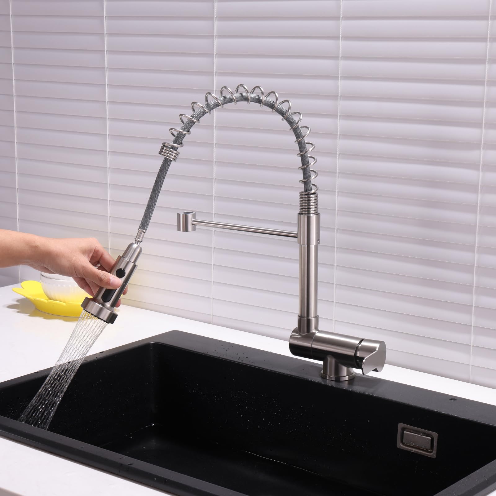 XJTNLB Grifo Cocina Abatible Bajo Ventana y Extraible Grifo Cocina Resorte Mezclador Fregadero Agua Fría y Caliente,Cepillado