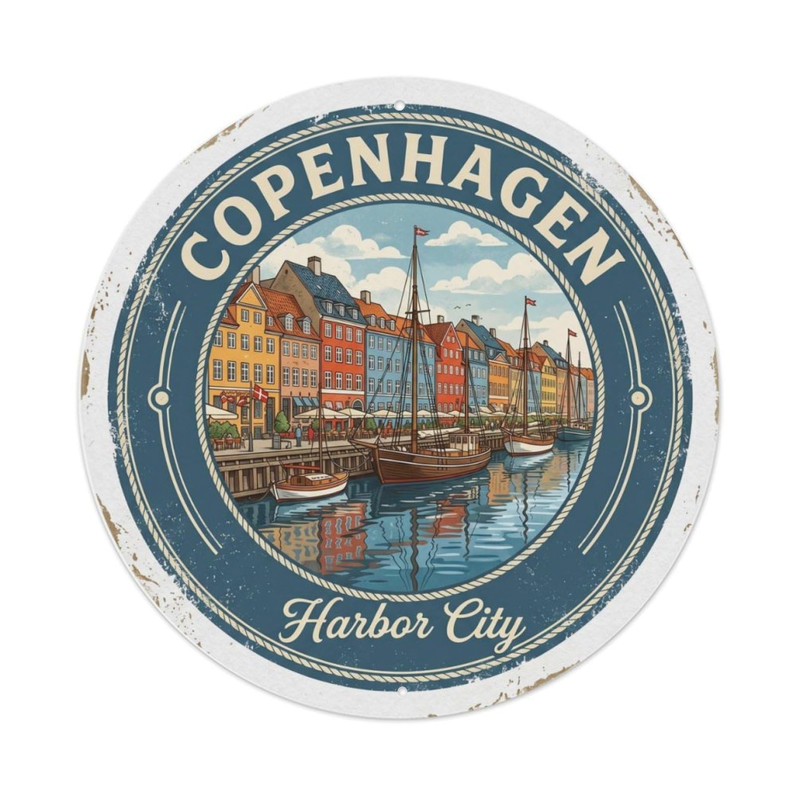 Vintage Travel Copenhagen Nyhavn Harbor Metal Tin Sign Plaque Wall Decor for Cafe, Club, Garden Round Metal Poster 8x8Inch