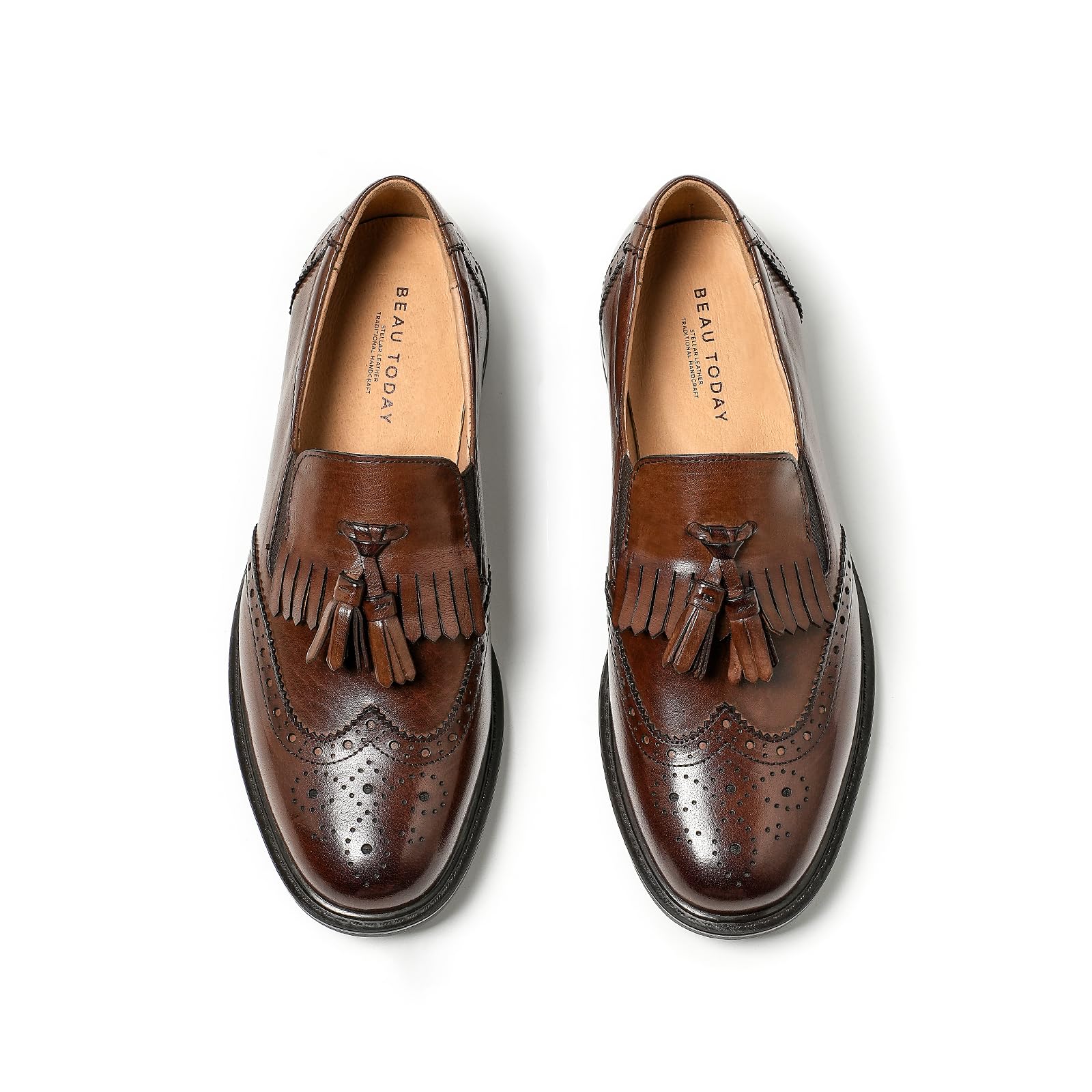 beau today Tassel Loafers for Women,Leather Brogue Dress Shoes,Wingtips Oxford for Women,Breathable Comfortable Slip-on Lace-up Handmade Flat Shoes for Business Work-picture-51