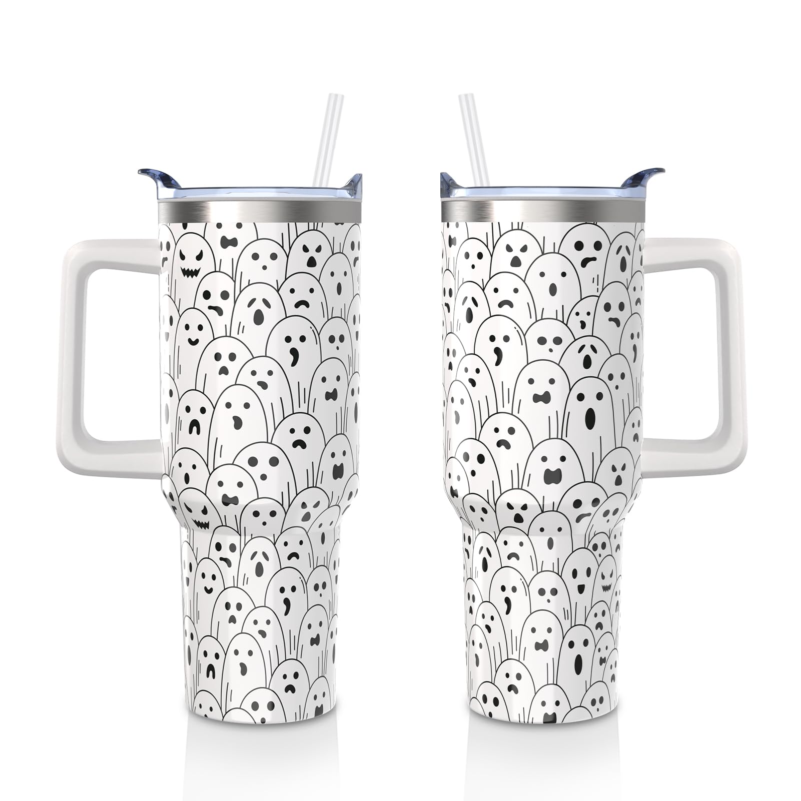 Aokoyi Halloween Ghost 40 Oz Tumbler With Handle and Straw, Funny Ghosts Icons Stainless Steel Insulated Cup, Spooky Holiday Gifts for Women Men (1PC)